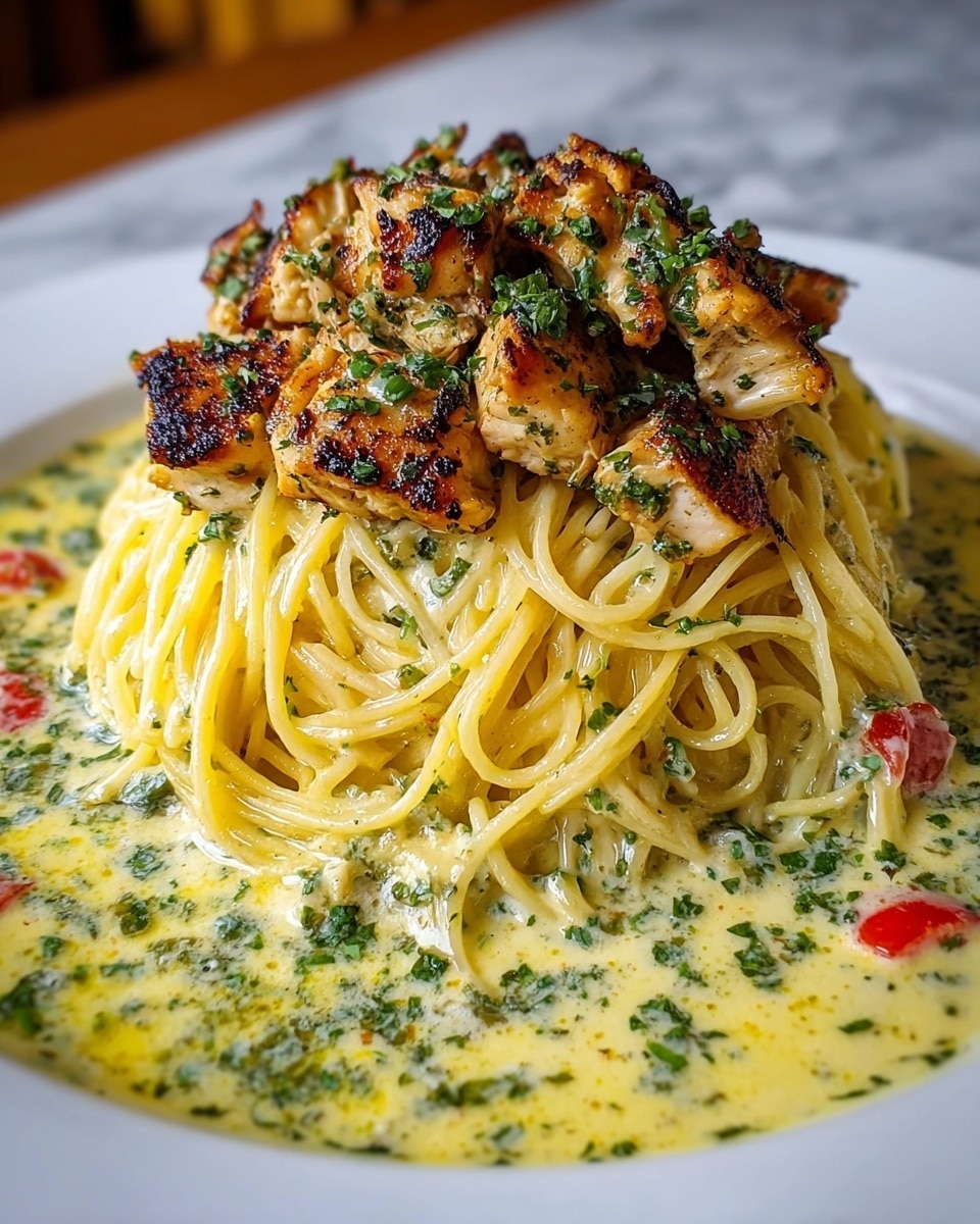 A white plate with a base layer of creamy yellow sauce mixed with green herbs, topped with a nest of shiny, light yellow spaghetti coated in the sauce and speckled with chopped herbs, and a few small pieces of red tomato. On top of the spaghetti, there is a layer of grilled chicken pieces that are golden brown with char marks and sprinkled with chopped green herbs. The dish sits on a white marbled surface. photo taken with an iphone --ar 4:5 --v 7