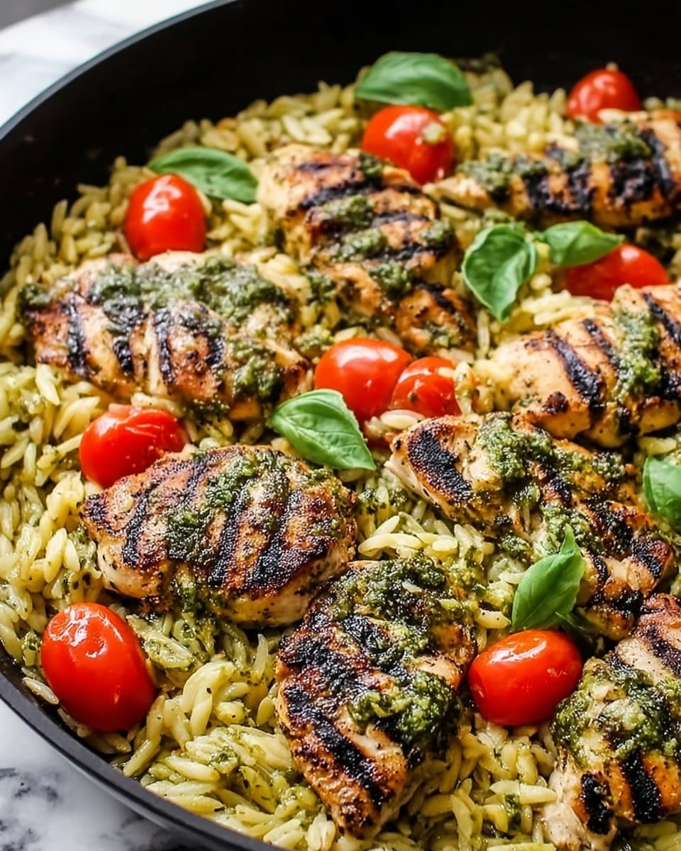 A pan filled with a dish made of orzo pasta mixed with small pieces of tuna. On top, there are bright, shiny red cherry tomatoes cut in halves and a few whole ones scattered around. Fresh green basil leaves are spread over the pasta, adding a pop of color. The tuna pieces look tender and light in color, mixed evenly through the pasta. The pan is white with a red handle and sits on a white marbled surface. A spoon with a reflective silver handle is partly visible near the pan edge. photo taken with an iphone --ar 4:5 --v 7