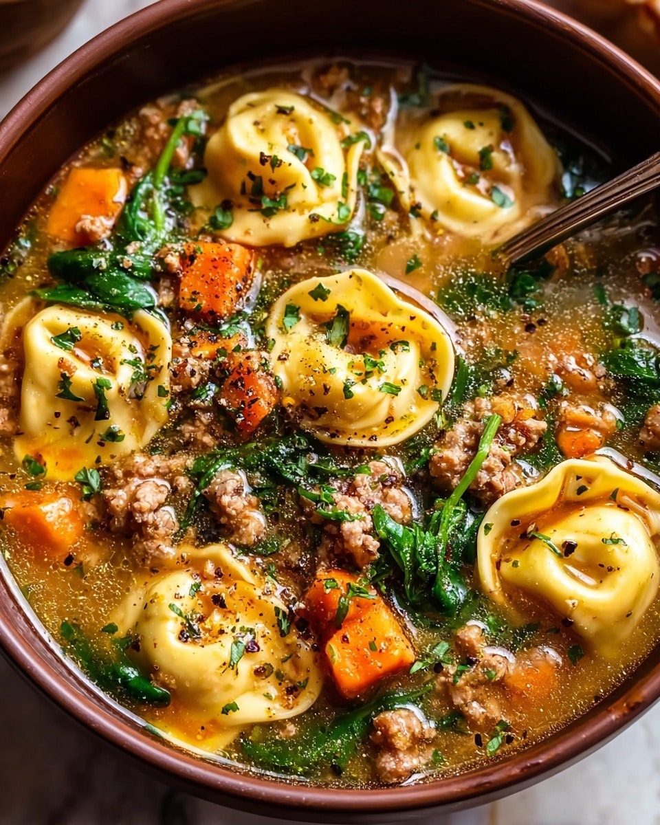 A close-up of a brown bowl filled with tortellini soup, showing one layer of yellow tortellini pasta with a slightly glossy texture, surrounded by small orange carrot cubes and ground meat pieces with a crumbly texture. The broth is light brown and clear, with herbs and chopped green spinach leaves floating throughout. Cracked black pepper and green herb sprinkles cover the surface, adding fine texture details. The bowl sits on a white marbled surface, and a spoon is partially visible inside the bowl. Photo taken with an iphone --ar 4:5 --v 7
