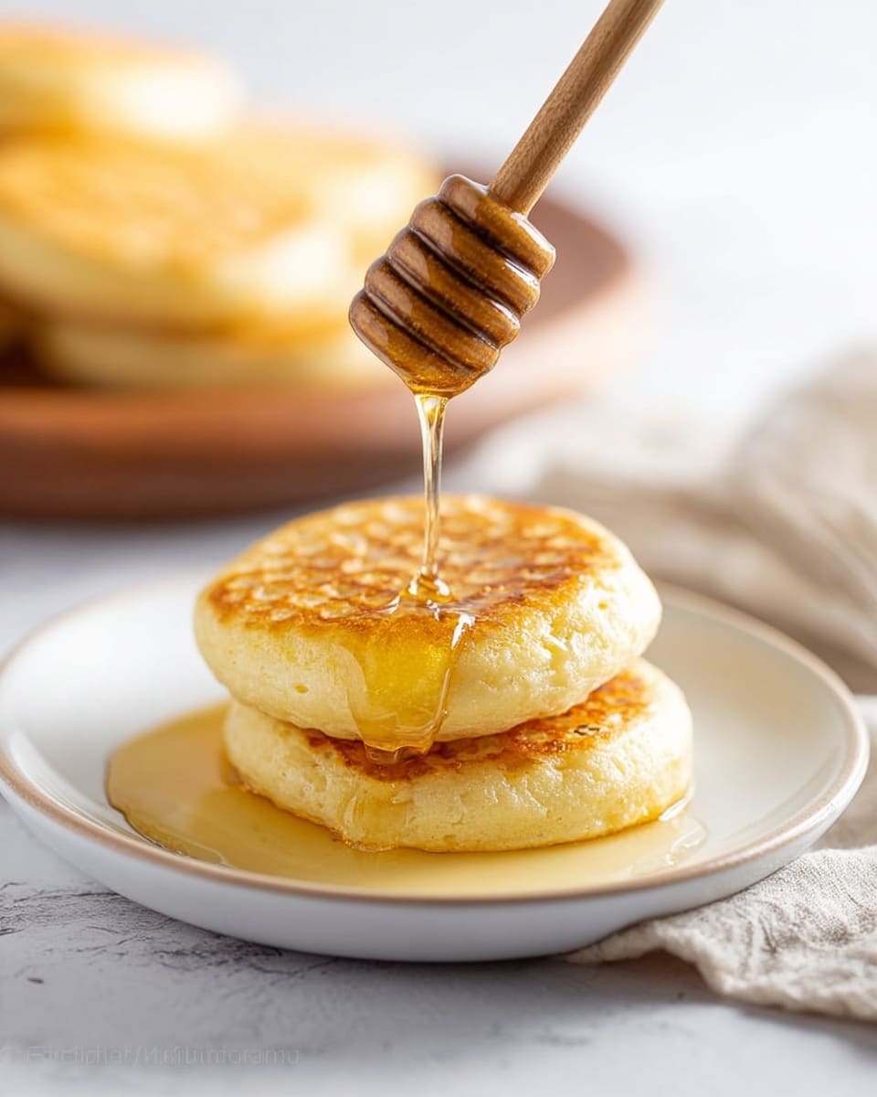 Two small golden brown pancakes with a soft and porous texture are stacked on a white plate, which sits atop another white plate on a white marbled surface. A wooden honey dipper is held above the top pancake, drizzling shiny, golden honey that flows down the pancake's surface. The background shows a blurred plate with more pancakes. The lighting is bright and natural, making the honey look sticky and the pancakes fluffy. photo taken with an iphone --ar 4:5 --v 7