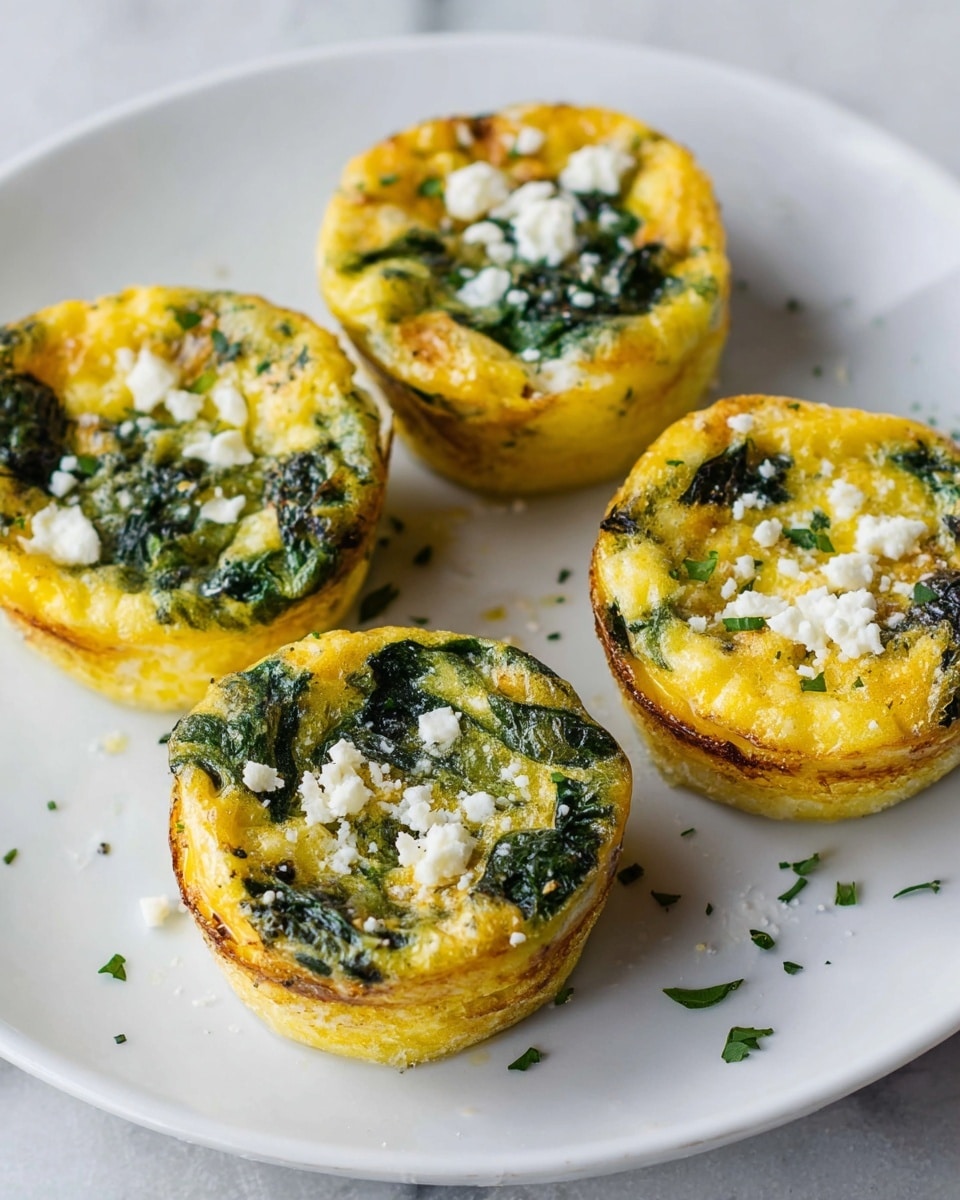 The image shows four small, round egg muffins on a white plate, each about two layers thick. The base layer is a golden yellow cooked egg with a slightly bubbly texture. The second layer has visible dark green spinach leaves mixed with the eggs, giving a fresh and healthy look. The top is sprinkled with crumbled white cheese and tiny bits of green herbs scattered around. The plate is set on a white marbled surface. photo taken with an iphone --ar 4:5 --v 7