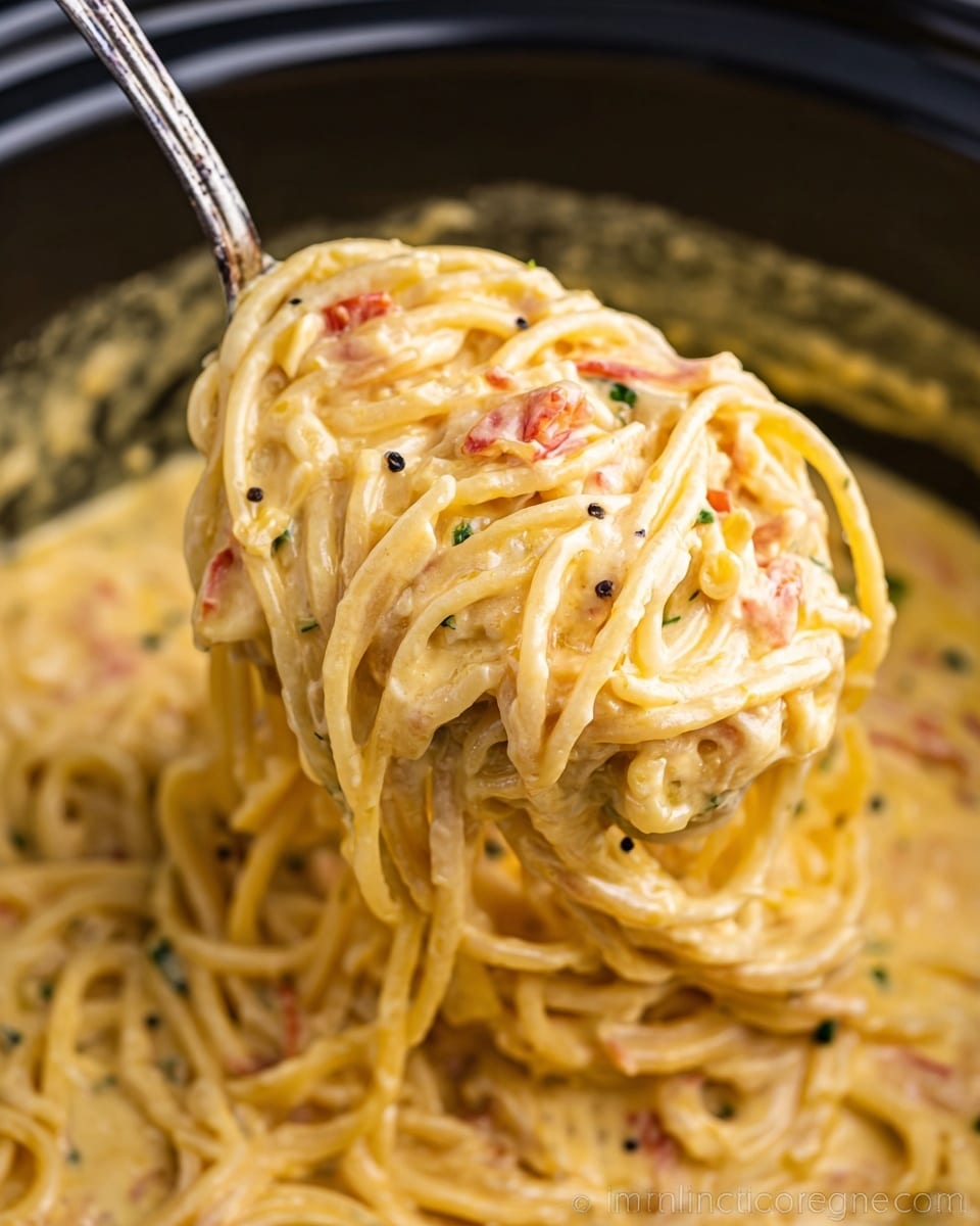 A close-up of creamy spaghetti pasta with a thick light yellow sauce that coats the long noodles evenly. The sauce has small pink and black bits scattered throughout, suggesting bits of tomato and herbs. The pasta is lifted on a silver fork, showing the tangle of noodles wrapped around it, with the sauce clinging smoothly to the strands. The background shows more pasta in a black pot, with the creamy sauce visible beneath the noodles. photo taken with an iphone --ar 4:5 --v 7