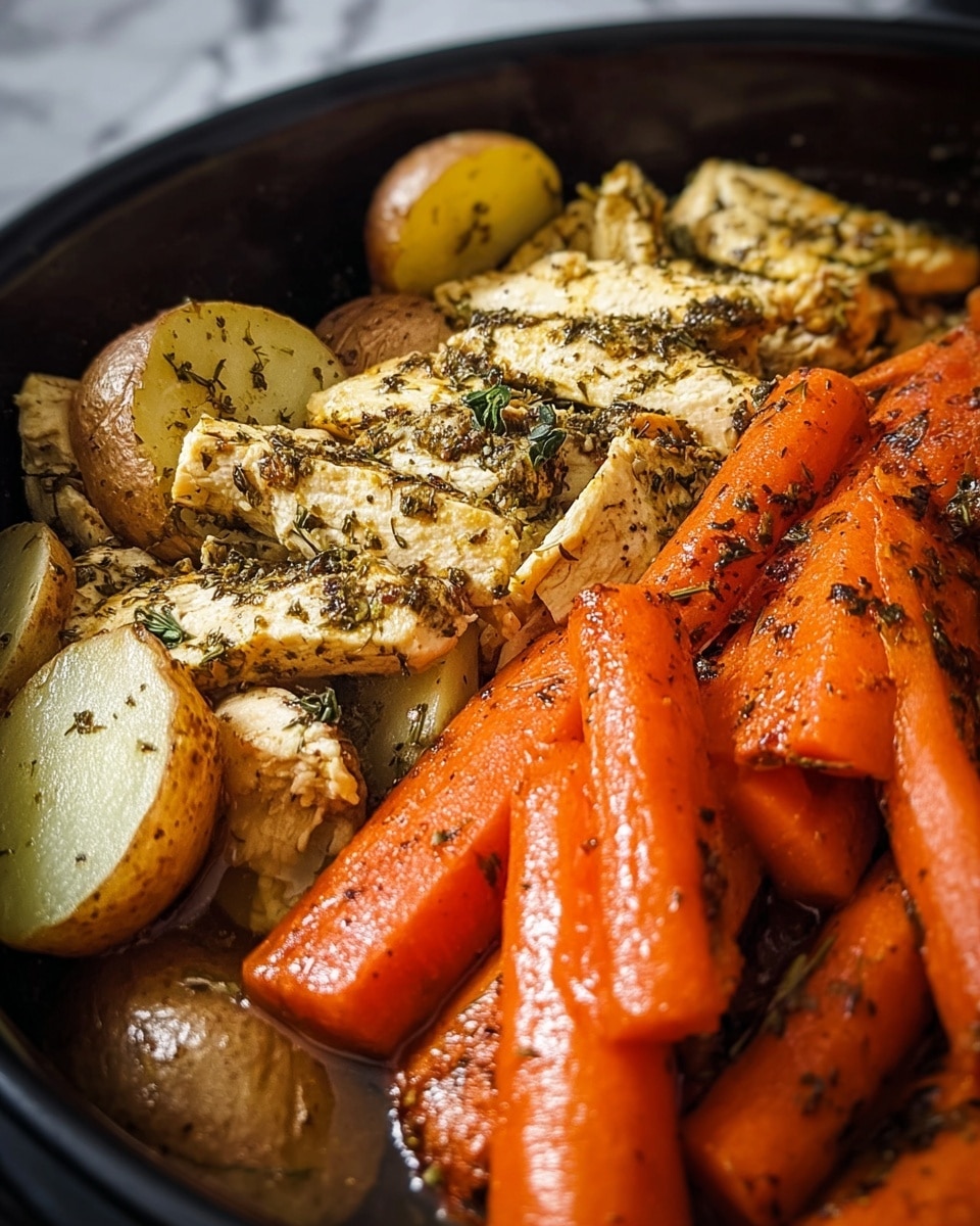 The image shows a close-up view of a cooked dish with three main layers: a bottom layer of brown potatoes cut in halves, showing a smooth texture with some herbs sprinkled on top; a middle layer of white to light golden cooked chicken pieces, cut into strips and covered with herbs and spices; and a top layer of bright orange cooked carrots, cut into large sticks with a slightly shiny, glazed appearance. The dish appears in a dark pan with slight liquid or sauce around the food, and the background features a white marbled texture. Photo taken with an iphone --ar 4:5 --v 7