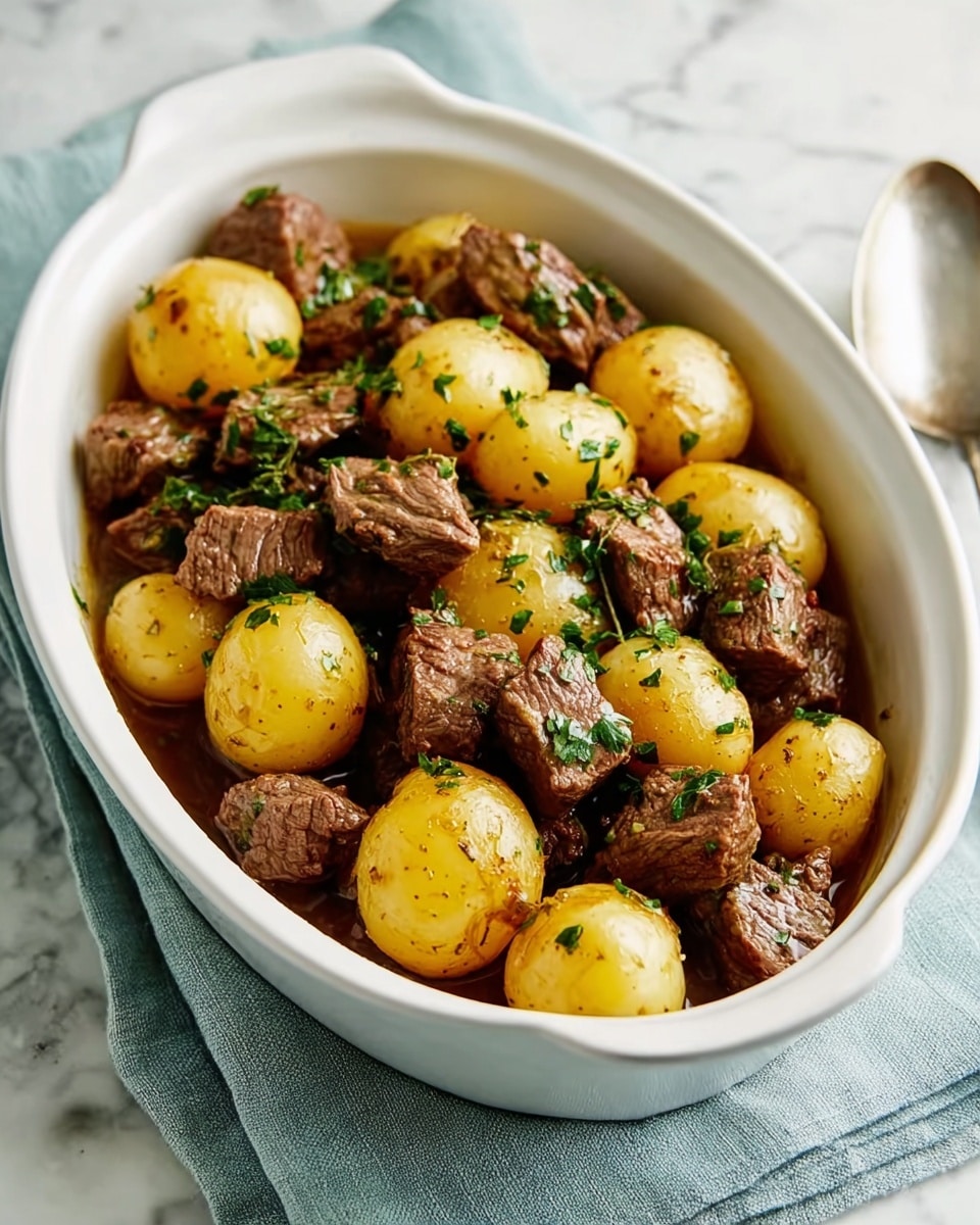 In a white oval bowl, there are two main layers: the bottom layer consists of small yellow potatoes with a slightly shiny, smooth texture, and the top layer is made up of medium-sized brown beef chunks with a coarse, cooked surface. Both layers are mixed together and sprinkled with small pieces of green herbs. The dish has a small amount of brown sauce or juice at the bottom, adding a slight gloss to the ingredients. The bowl is set on a light blue cloth on a white marbled surface, with a silver spoon partly visible on the right side. Photo taken with an iphone --ar 4:5 --v 7