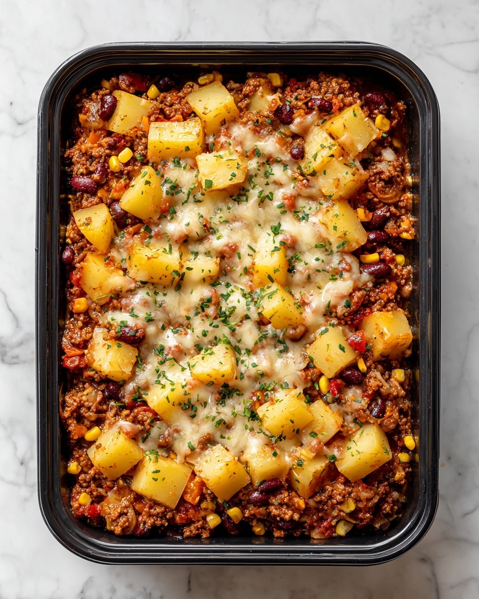 The image shows a black rectangular dish filled with a layered dish starting with a thick base of cooked ground meat mixed with beans, diced tomatoes, and corn, creating a rich reddish-brown and orange texture. On top of this base, there are large yellow potato chunks scattered throughout. A layer of melted yellow and white cheese covers the potatoes and meat, with small green herb pieces sprinkled over the cheese. The dish is placed on a white marbled surface. photo taken with an iphone --ar 4:5 --v 7