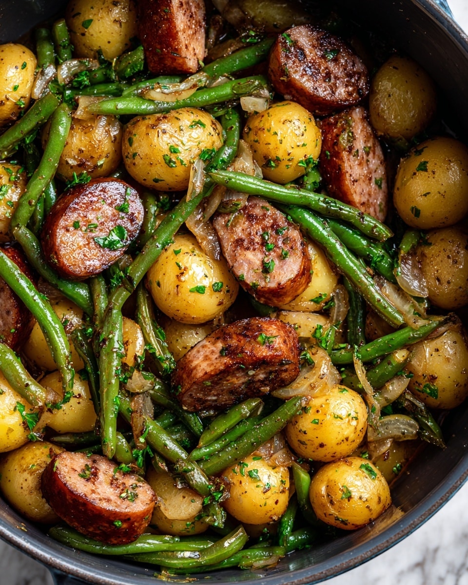 A close-up of a cooked dish inside a dark metal pot, showing three main layers: the base layer of small yellow potatoes with a light golden shine, the second layer of bright green beans scattered throughout, and the top layer of thick slices of browned sausage resting evenly among the vegetables. Small pieces of cooked onions and garlic are mixed in, all coated in a slight glaze of oil and seasoning. Fresh green parsley is sprinkled on top, adding a fresh contrast to the warm colors. The dish sits on a white marbled texture surface. Photo taken with an iphone --ar 4:5 --v 7