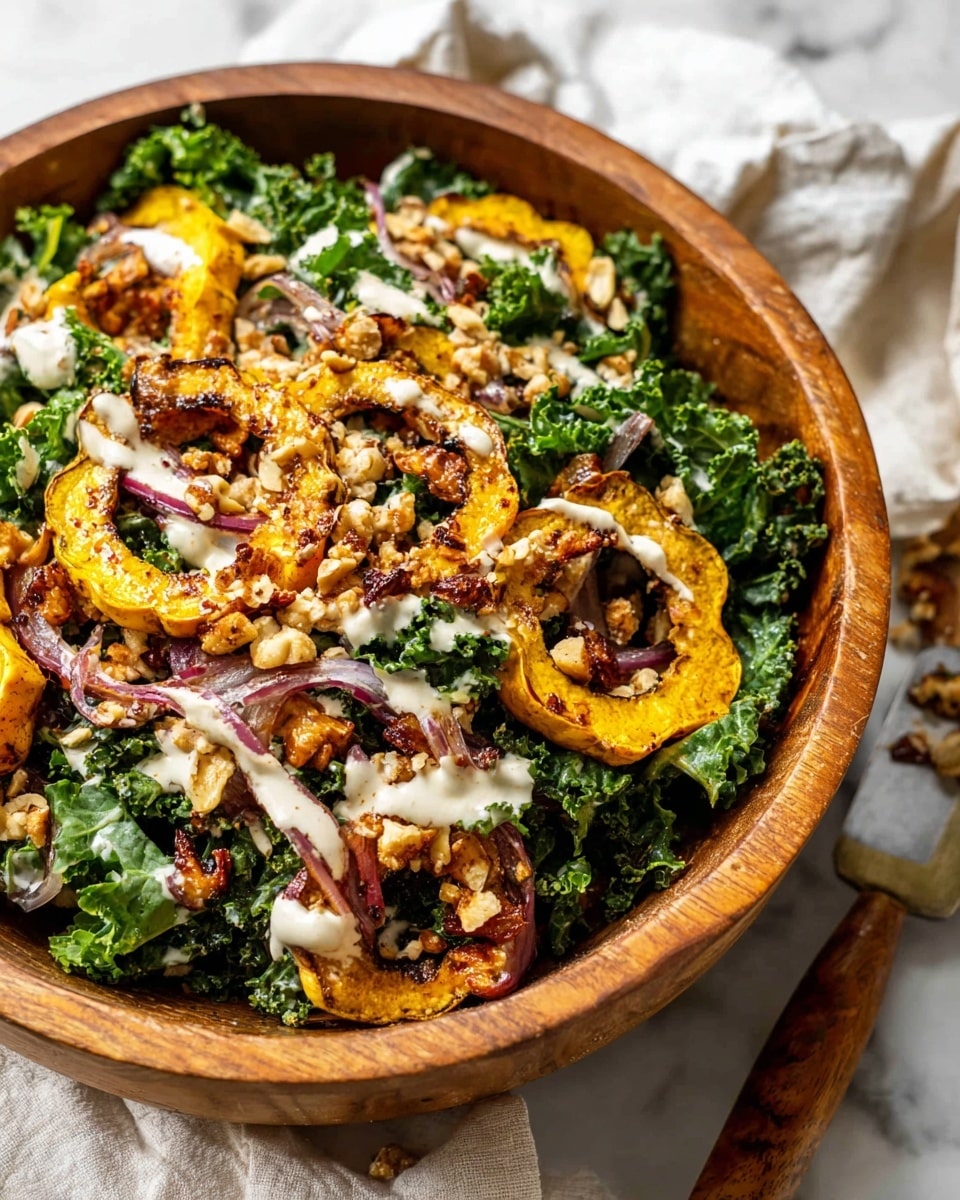 A wooden bowl filled with a fresh salad showing three main layers: the bottom layer contains dark green curly kale leaves with a rough texture, the middle layer features golden-brown roasted yellow squash rings and caramelized red onion pieces, and the top layer is sprinkled with light brown crushed nuts and a creamy white dressing drizzled unevenly over the salad. The bowl is placed on a white marbled surface with part of a white cloth and a wooden handle of a kitchen tool visible nearby. Photo taken with an iphone --ar 4:5 --v 7