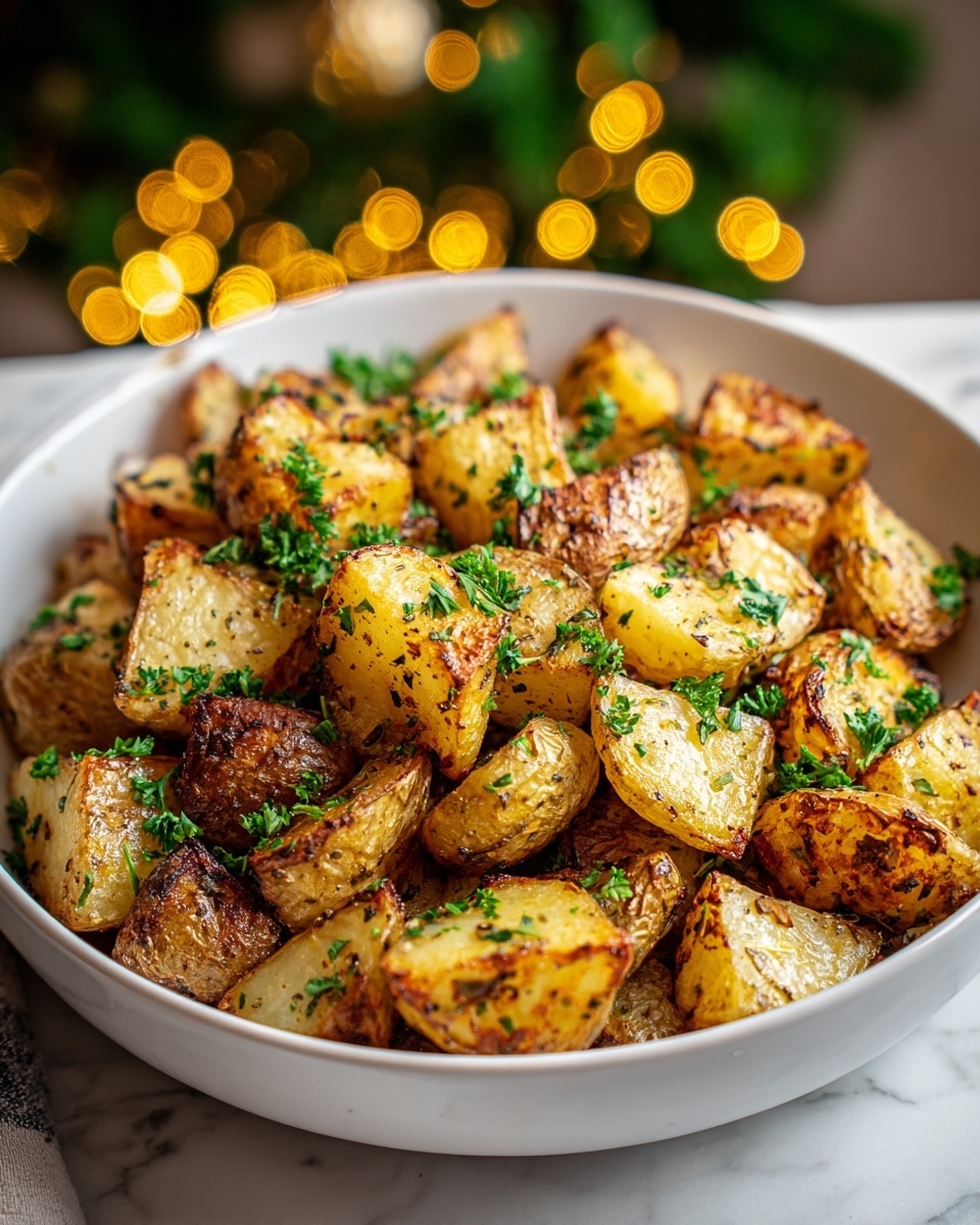 A white bowl filled with roasted potatoes cut into medium-sized chunks with golden-brown crispy edges and light brown skins, mixed with bright green parsley leaves scattered evenly on top, all resting on a white marbled surface. The potatoes show a mix of textures with some pieces having a slightly rough and crispy exterior while others remain softer and smooth, visible in the light. Festive yellow-orange bokeh lights and green blurred foliage appear softly in the background, adding warmth to the scene. photo taken with an iphone --ar 4:5 --v 7