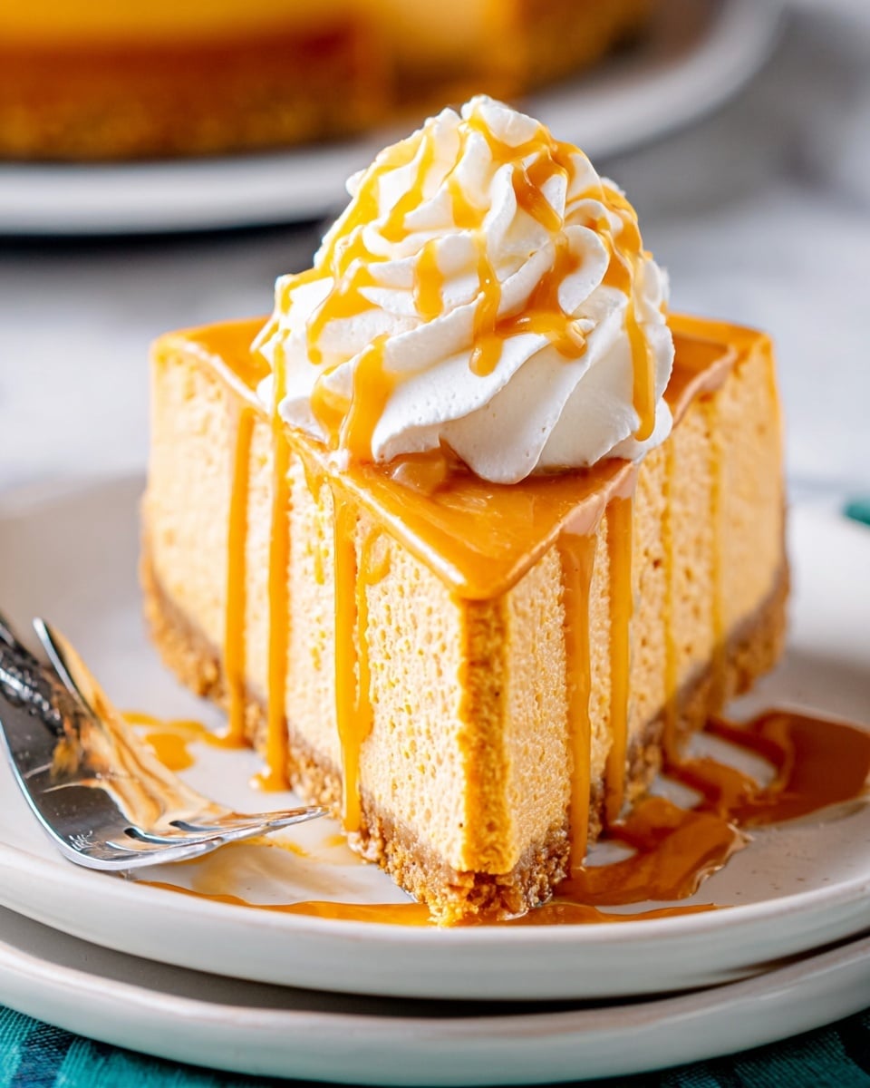 A slice of creamy, light orange pumpkin cheesecake sits on a white plate, showing two layers: a smooth, dense pumpkin filling on top and a crumbly, golden brown crust on the bottom. The cheesecake is topped with a swirl of white whipped cream, drizzled generously with a shiny, golden caramel sauce that also drips down the sides. The plate rests on a slightly out-of-focus white marbled surface with a silver fork placed on the left side of the plate, adding a simple, rustic touch. photo taken with an iphone --ar 4:5 --v 7