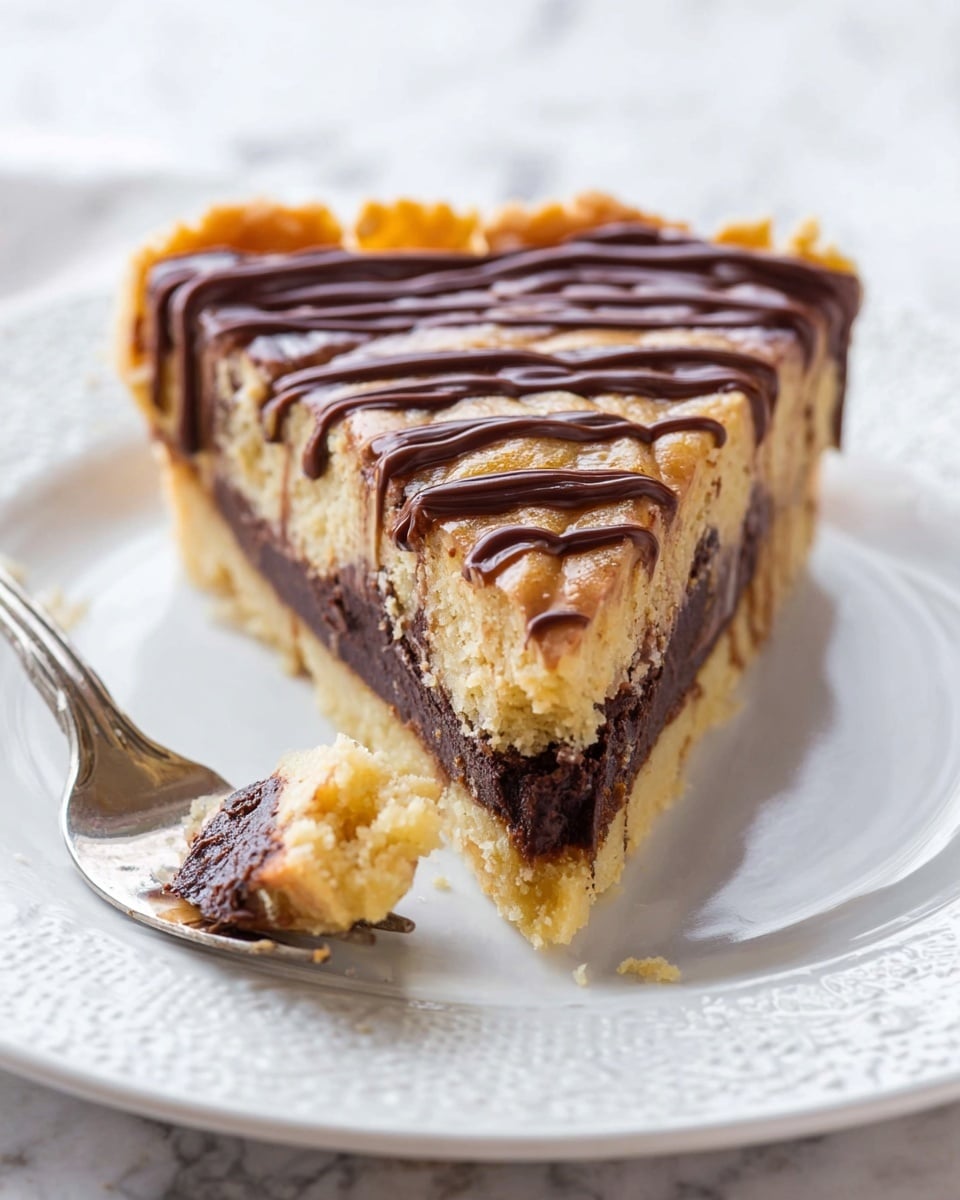 A slice of dessert on a white plate with detailed patterns, showing three layers: a light golden brown top layer with a soft texture, a thick dark brown middle layer that looks smooth and rich, and a thin pale crust at the bottom. The top is decorated with thick, glossy dark chocolate drizzles flowing slightly down the edges. A silver fork with a small bite of the dessert is placed behind the slice. The background has a white marbled texture. photo taken with an iphone --ar 4:5 --v 7