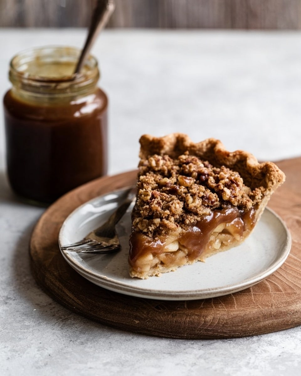 A single slice of pie on a white plate with a light crust that is thick and ridged on the edge, filled with soft, caramel-colored fruit pieces visible under a crunchy, crumbly, oat topping with a golden-brown color, all covered in a glossy caramel sauce that drips slightly onto the plate; the plate sits on a white marbled surface next to a light green cloth. photo taken with an iphone --ar 4:5 --v 7