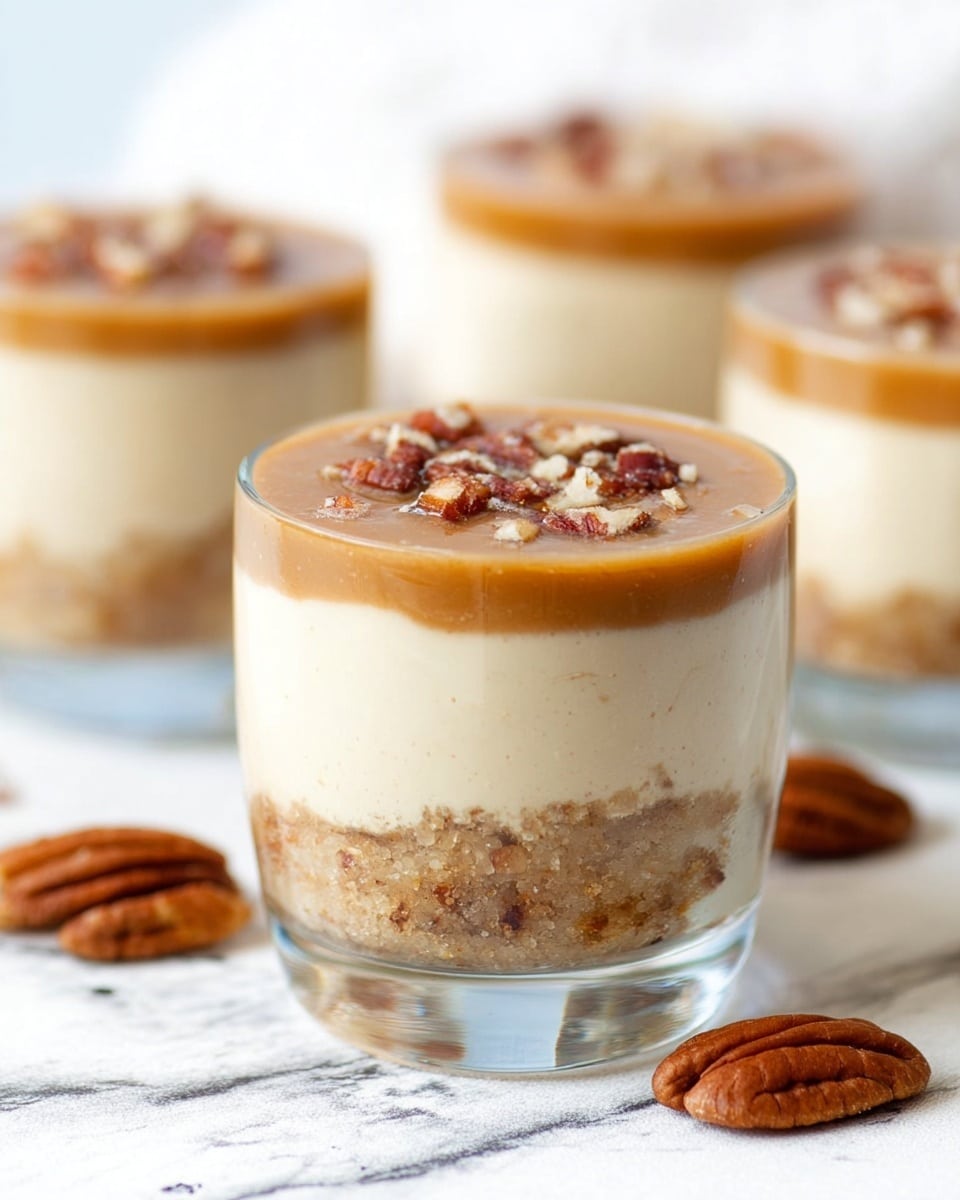 A clear glass cup showing three layers: the bottom layer is crumbly and light brown, the middle layer is thick, smooth, and creamy off-white, and the top layer is a light caramel color with small bits of pecan nuts scattered throughout. The glass sits on a white marbled surface with a few whole pecans nearby. In the background, there are more identical glass cups with the same layered dessert. photo taken with an iphone --ar 4:5 --v 7