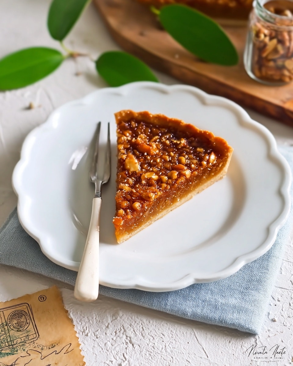 A single triangular slice of nut tart is placed in the center of a white plate with scalloped edges. The tart has a golden-brown crust at the bottom with a thick, glossy layer of mixed chopped nuts in caramelized sugar filling on top, giving a textured, shiny, and slightly sticky look. A small vintage fork with a white handle rests diagonally on the plate next to the tart. The white plate is set on a light blue cloth napkin, with part of a wooden board, green leaves, and a beige tag with postal stamps visible nearby, all on a white marbled textured surface. Photo taken with an iphone --ar 4:5 --v 7