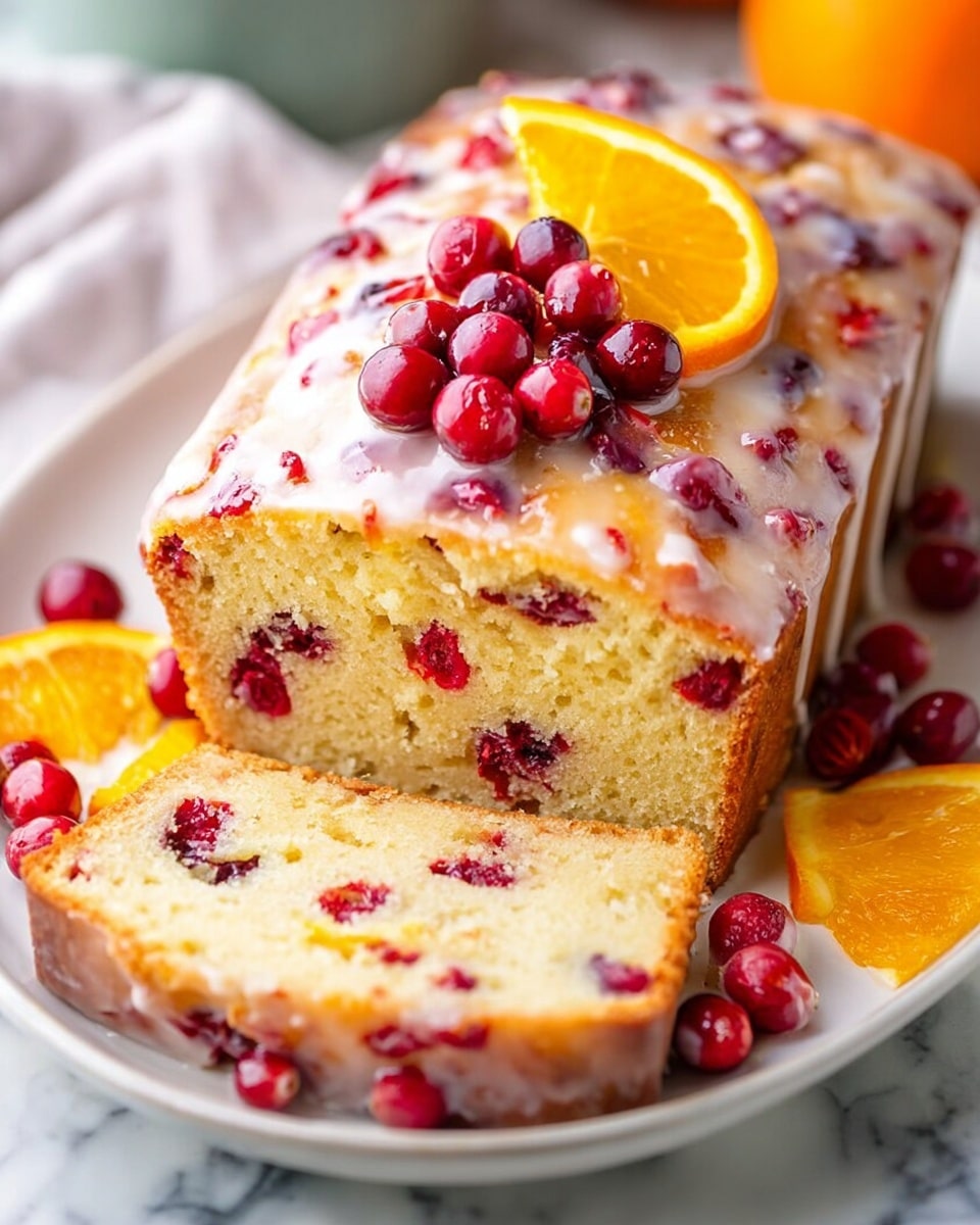 The image shows a loaf cake on a white plate with a white marbled surface underneath. The cake has one slice cut, showing a light yellow inside filled with red cranberries scattered throughout. The top of the cake is covered with a shiny light glaze with some cranberries embedded in it. On top, there is a small cluster of fresh red cranberries and a bright orange slice standing upright. Additional orange slices and cranberries are placed around the loaf on the plate. The texture of the cake looks moist and soft. Photo taken with an iphone --ar 4:5 --v 7