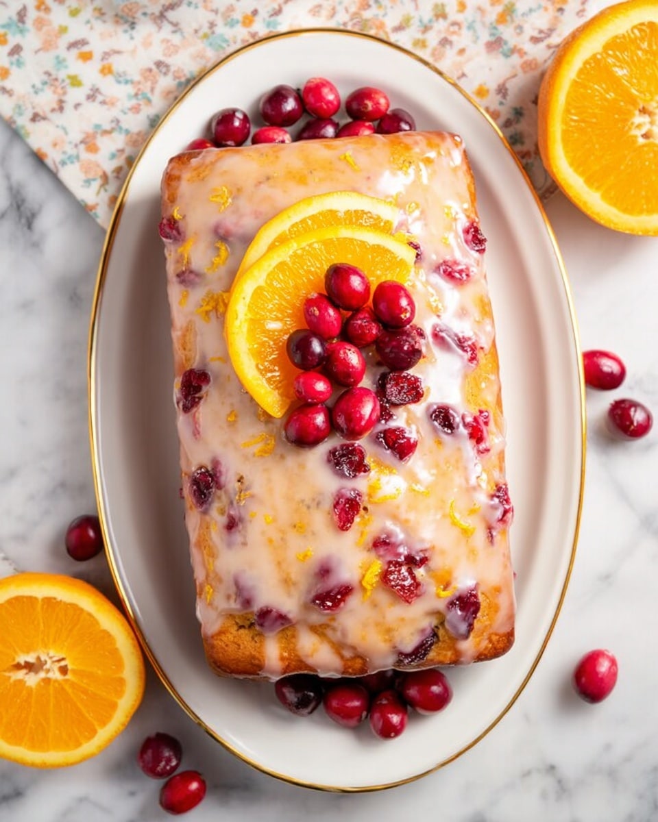 A rectangular loaf cake is covered with a shiny light orange glaze that has red cranberries and orange zest embedded in it. The cake sits on a white oval plate with a thin gold rim. Around the cake, whole cranberries and two orange slices are placed, with one orange slice partly resting on top of the cake along with a few cranberries. The surface beneath the plate is a white marbled texture. Photo taken with an iphone --ar 4:5 --v 7