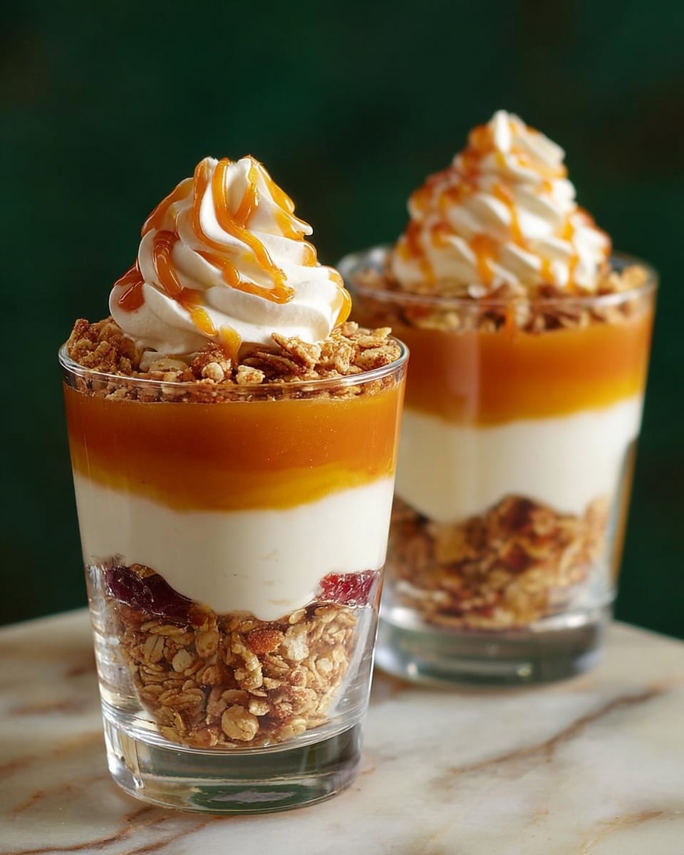 The image shows two clear glass cups with layered desserts, placed on a white marbled surface. Each cup has five layers: at the bottom is a smooth white cream layer, followed by a crunchy golden-brown granola layer with small red bits. Above that is a thick, shiny orange caramel layer, then another white cream layer. On top, there is a generous swirl of white whipped cream decorated with a thin drizzle of caramel sauce, creating a textured and colorful finish. The background is dark green. Photo taken with an iphone --ar 4:5 --v 7