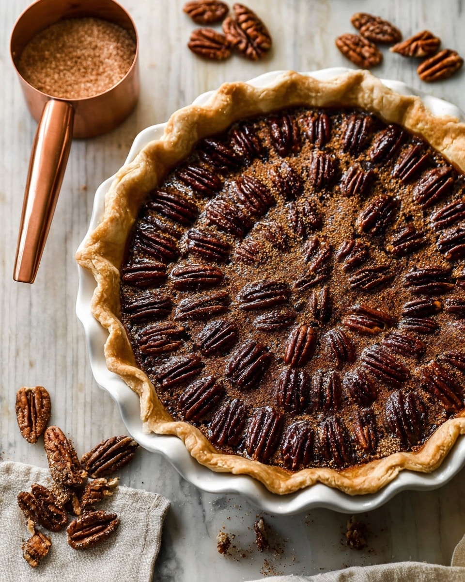 A white pie dish filled with a pecan pie, showing one thick golden crust layer with wavy edges. On top is a rich, dark brown, glossy filling with whole pecan halves arranged in concentric circles covering the surface. The pecans have a shiny, slightly textured look, adding depth to the pie. Around the dish on a white marbled texture are scattered pecan halves and a copper measuring cup filled with brown sugar granules. photo taken with an iphone --ar 4:5 --v 7