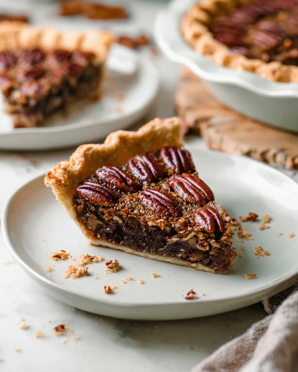 A slice of pecan pie sits on a white plate over a white marbled surface. The pie has three clear layers: a golden, flaky crust forming the base and edges, a dark brown, glossy filling in the middle that looks dense and gooey, and on top, a layer of whole pecan halves arranged closely in neat rows, showing rich reddish-brown tones with a slightly textured surface. Some crumbs and pecan bits are scattered around the slice on the plate. In the background, there are more slices and a pie dish containing the remaining pie, all on the same white marbled surface with a soft, natural light. Photo taken with an iphone --ar 4:5 --v 7