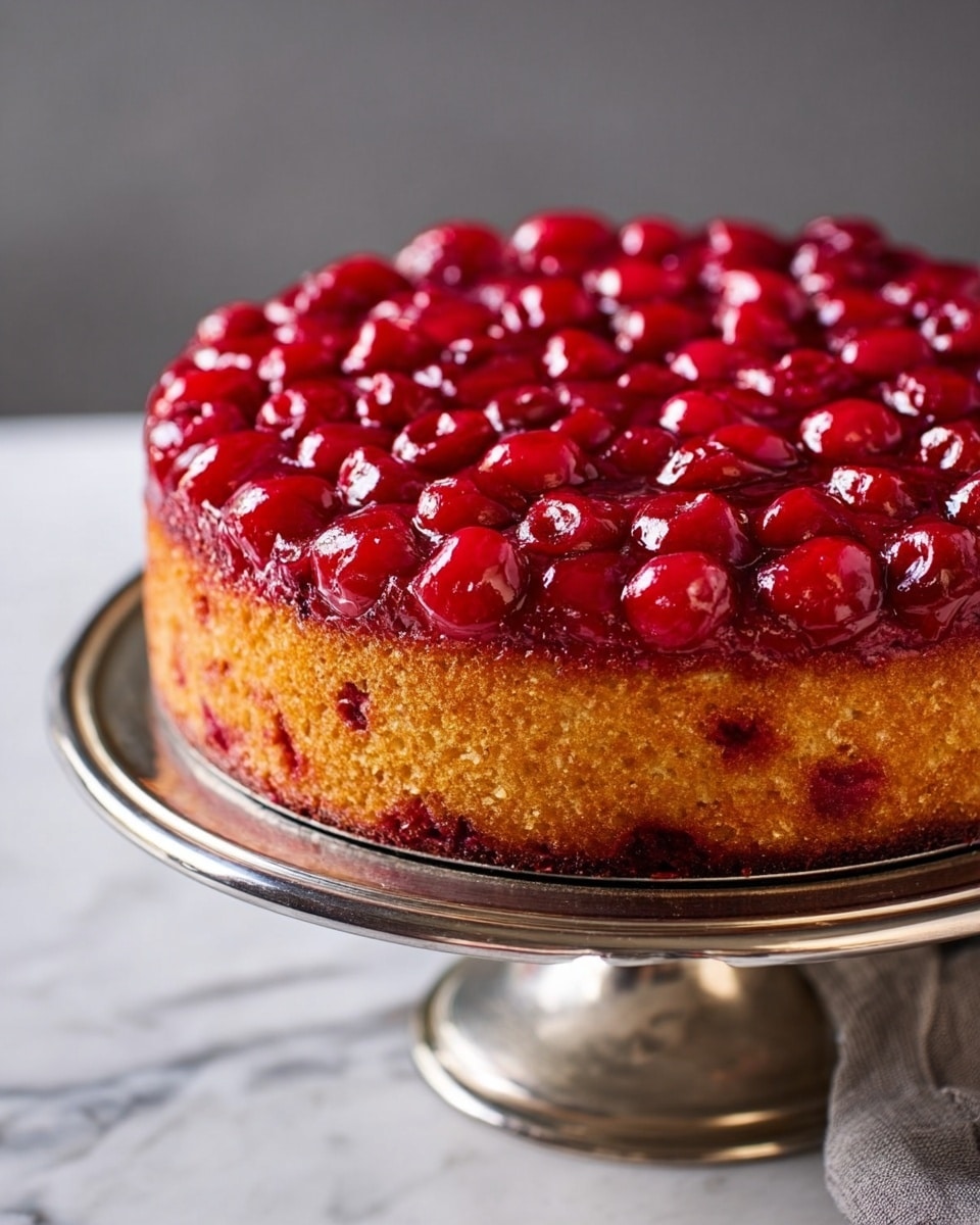 A round cake with one visible layer stands on a shiny silver cake stand. The top layer is covered with bright red cherries that look juicy and shiny, tightly packed together forming a smooth, glossy, slightly uneven surface. The cake layer beneath is golden brown, textured with small air holes and crumb details showing on the side. The background shows a white marbled surface underneath the stand with a soft, blurred gray fabric partially visible. photo taken with an iphone --ar 4:5 --v 7