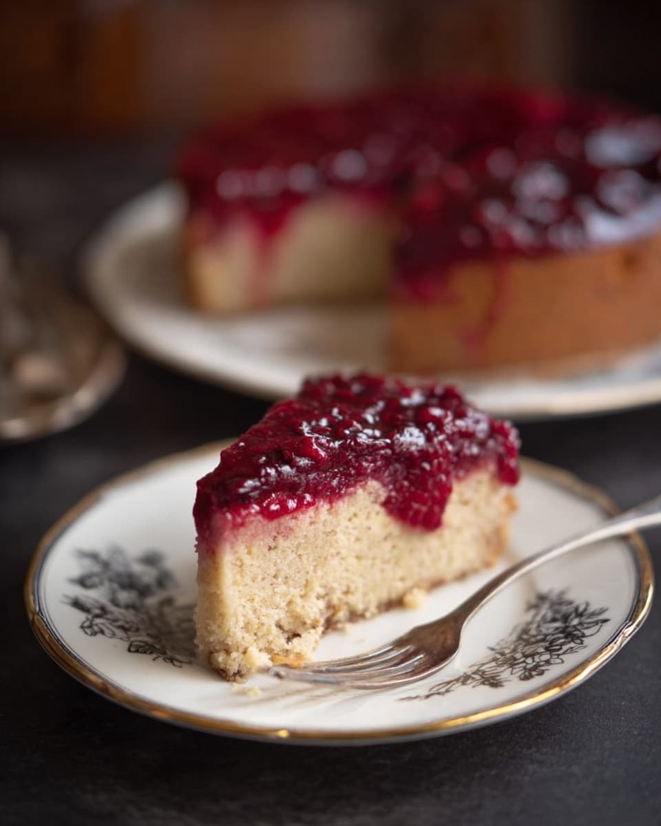 The image shows a slice of cake on a small white plate with a gold rim and delicate black floral designs, placed on a dark surface with a silver fork lying in front of it. The cake slice has two visible layers: a bottom layer of soft, light beige sponge cake with a slightly crumbly texture and a thick top layer of glossy, deep red fruit topping that looks sticky and slightly chunky. In the blurred background, the rest of the round cake sits on a white plate with a gold rim, showing the same color and texture as the slice. The setting is simple, highlighting the contrast between the light cake and the rich red topping. Photo taken with an iphone --ar 4:5 --v 7