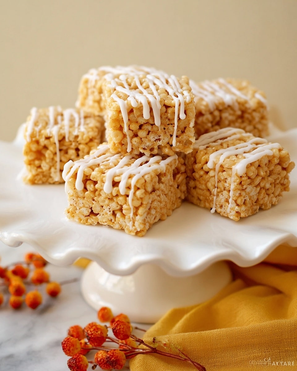 The image shows several square-shaped rice crispy treats placed on a white ruffled cake stand. Each treat has a light golden-brown color with a crispy, bumpy texture from the puffed rice cereal. White icing is drizzled unevenly but generously over the top of each treat, creating thin vertical lines that contrast with the golden base. The background has a warm, soft yellow cloth with small orange and red berry-like decorations near the bottom edge, all set on a white marbled surface. photo taken with an iphone --ar 4:5 --v 7