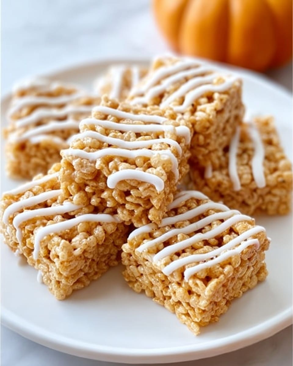 A white plate holds seven square-shaped treats made from small, crispy cereal pieces tightly packed together, each topped with thin, zigzagging lines of white icing that add a smooth, shiny texture. The treats have a slightly golden color from the cereal, and the plate is set on a white marbled surface with a small orange pumpkin blurred in the background for a cozy touch. The photo taken with an iphone --ar 4:5 --v 7