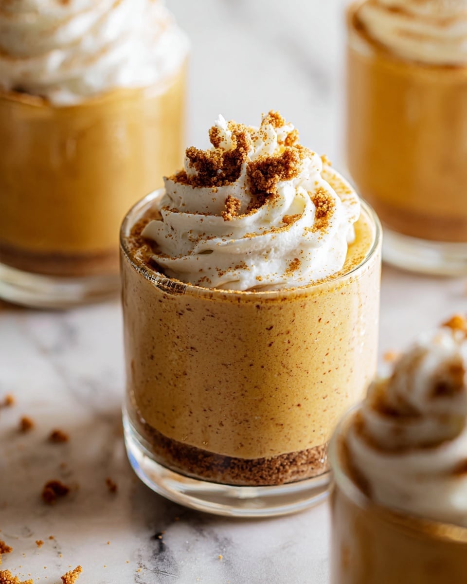 The image shows a clear glass jar filled with a thick, smooth, orange-brown pumpkin mousse as the bottom layer. On top of the mousse, there is a swirl of white whipped cream with small brown crumbles sprinkled over it. The jar is placed on a white marbled surface, with blurred large orange and white pumpkins in the background, adding a warm autumn feel. Photo taken with an iphone --ar 4:5 --v 7