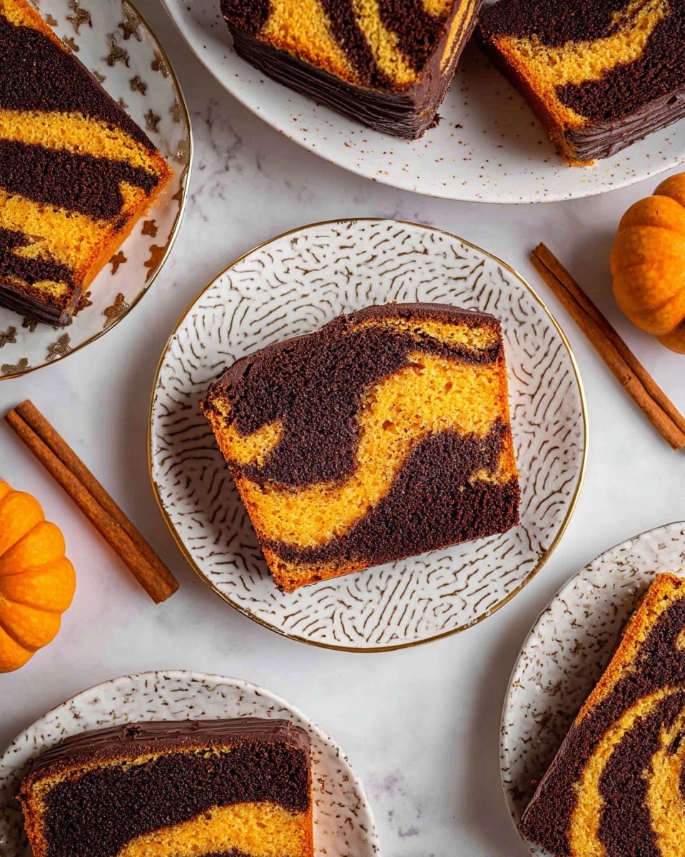 The image shows several slices of a marbled cake arranged on white plates with different designs. Each slice has two visible layers swirling together: a bright orange layer and a dark brown chocolate layer, creating a striped and mixed pattern. The cake’s texture looks soft and moist, with the dark chocolate layer having a crumbly appearance while the orange part appears smooth and dense. Some slices show a thin coating of dark chocolate on the edges. The plates rest on a white marbled textured surface that also holds small cinnamon sticks and a small orange pumpkin, adding an autumn feel to the scene. photo taken with an iphone --ar 4:5 --v 7