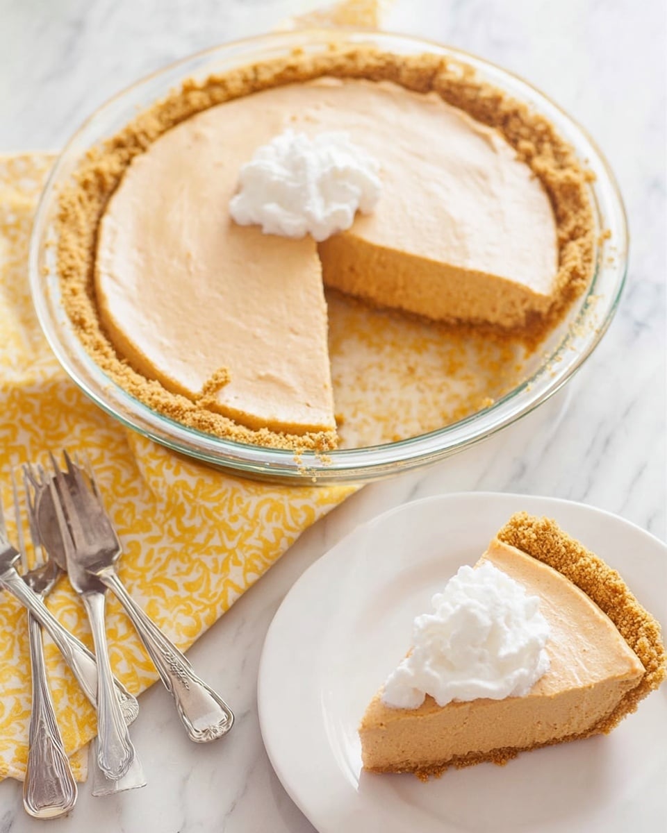 A slice of pumpkin pie is shown on a white plate with a crumbly golden-brown crust on the bottom and edges, topped with a smooth, thick, light orange pumpkin filling layer. On top of the pie slice is a dollop of white whipped cream sprinkled lightly with brown cinnamon powder. Beside the slice, on the plate, is a silver spoon holding some of the crust and pumpkin filling. The plate is set on a white marbled textured surface. photo taken with an iphone --ar 4:5 --v 7