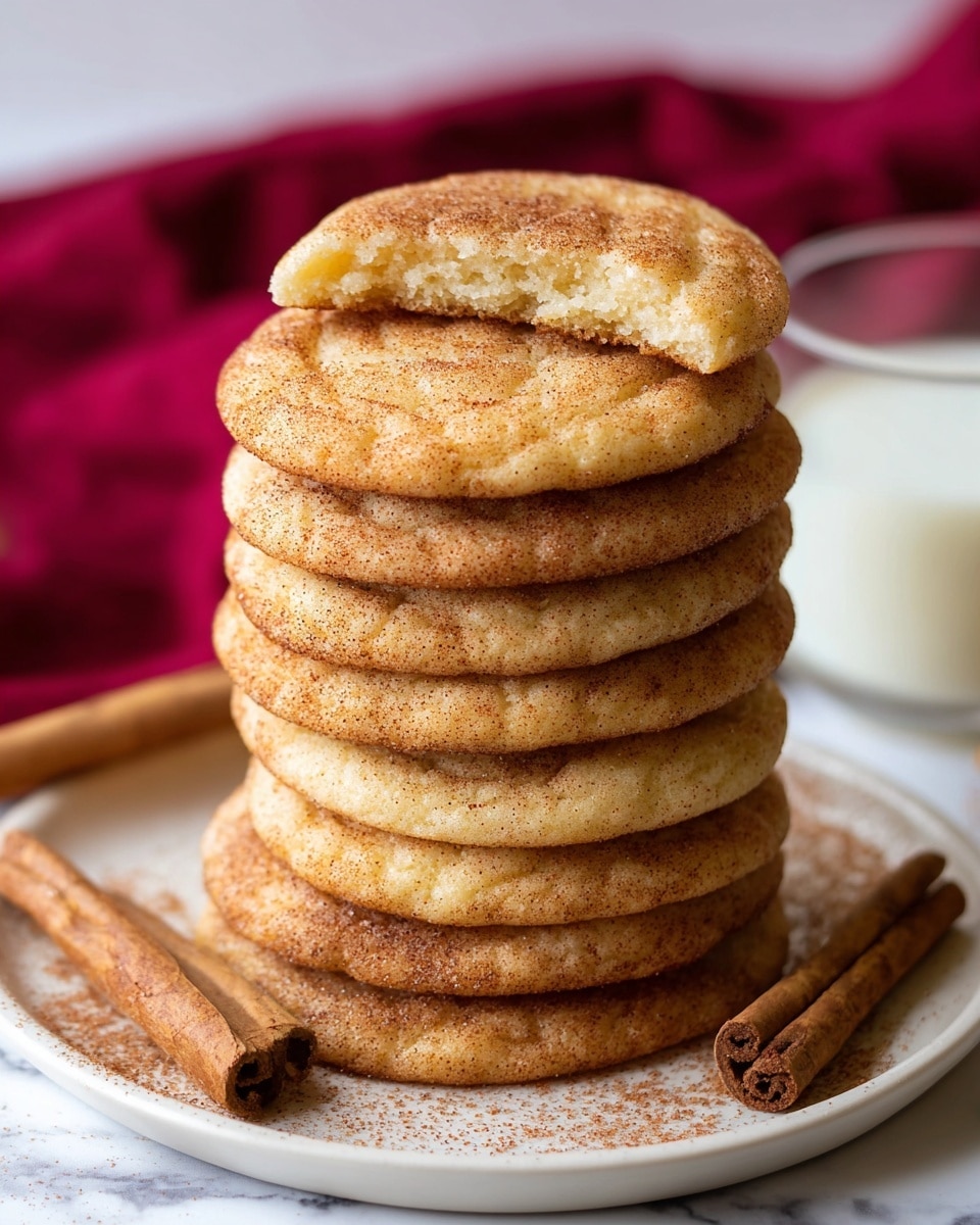 A tall stack of ten round, soft-looking snickerdoodle cookies sits on a simple white plate with light dusting of cinnamon powder around the edges; the cookies have a golden brown color with a slightly cracked surface showing their soft texture. The top cookie is broken in half, revealing a pale, soft, and slightly crumbly inside. Two cinnamon sticks lie next to the stack on the plate, with a glass of milk blurred in the background, all set on a white marbled texture with a deep red cloth softly out of focus. Photo taken with an iphone --ar 4:5 --v 7
