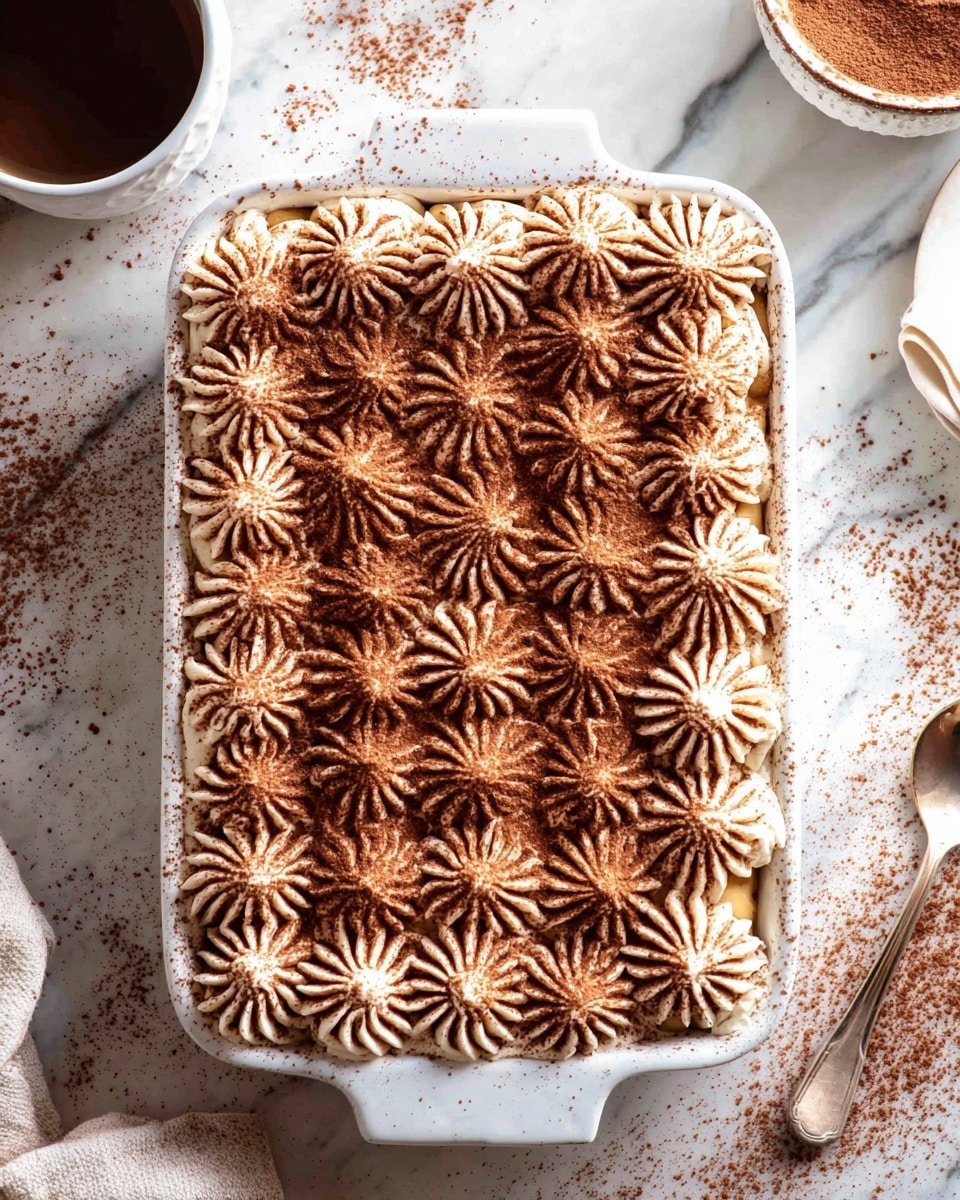 A white rectangular baking dish filled with a dessert topped with a thick layer of piped cream shapes, each shaped like a flower with delicate ridges, all dusted generously with cocoa powder creating a light brown color and powdery texture on top; the dessert sits on a white marbled surface with cocoa powder scattered around. Photo taken with an iphone --ar 4:5 --v 7