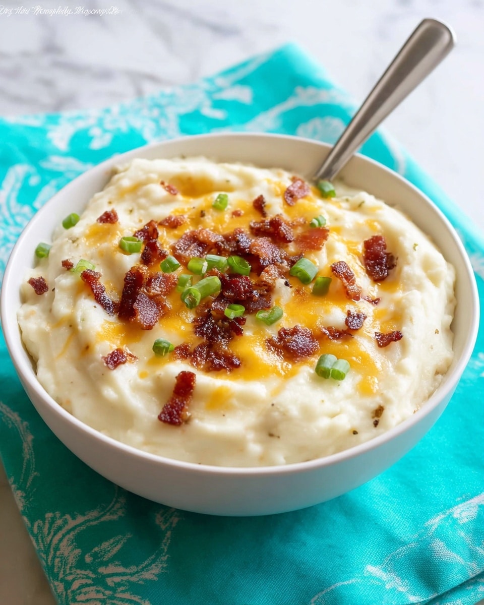 A white bowl filled with creamy, off-white mashed potatoes forms the base layer, with a smooth and slightly fluffy texture. On top, there is a layer of melted yellow cheddar cheese blended lightly into the potatoes. Scattered over the cheese are crispy bacon bits in a rich dark brown color, paired with small, bright green chopped spring onions, adding contrast and freshness. A silver spoon rests inside the bowl on the left side, and the bowl is placed on a bright turquoise cloth with a subtle pattern, all set against a white marbled texture background. photo taken with an iphone --ar 4:5 --v 7