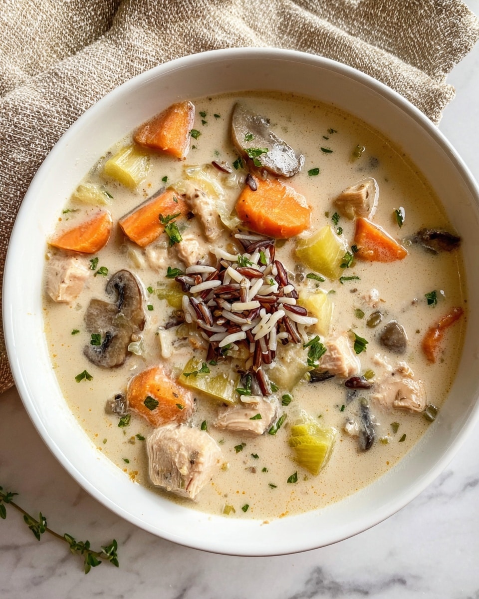 A white bowl filled with creamy soup showing multiple layers: the base is thick and pale cream-colored broth; floating in it are medium-sized chunks of orange carrots and pale tan pieces of meat; there are pieces of green celery and sliced brown mushrooms scattered throughout; a small pile of mixed brown and white rice sits in the center, topped with small bright green herb pieces sprinkled around; the bowl is placed on a white marbled surface with a beige textured cloth nearby. photo taken with an iphone --ar 4:5 --v 7