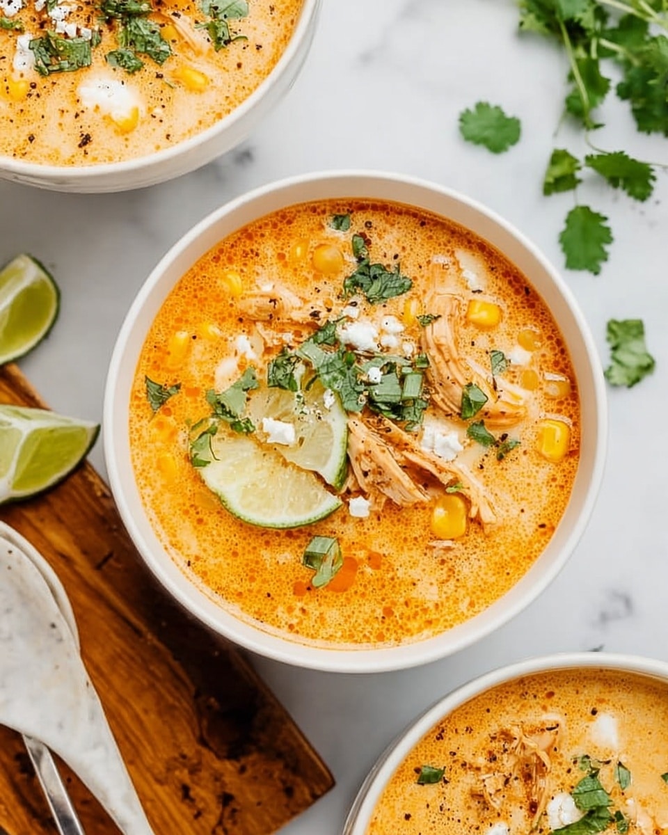 A white bowl filled with creamy orange soup layered with visible chunks of corn and shredded chicken. On top, there are sprinkles of chopped green cilantro leaves, small dollops of white cheese, and thin lime wedges arranged near the center. The soup surface is lightly speckled with black pepper and has a slightly oily texture. The bowl is placed on a white marbled surface next to a wooden board with scattered cilantro leaves. Other white bowls with the same soup are partially seen around. photo taken with an iphone --ar 4:5 --v 7