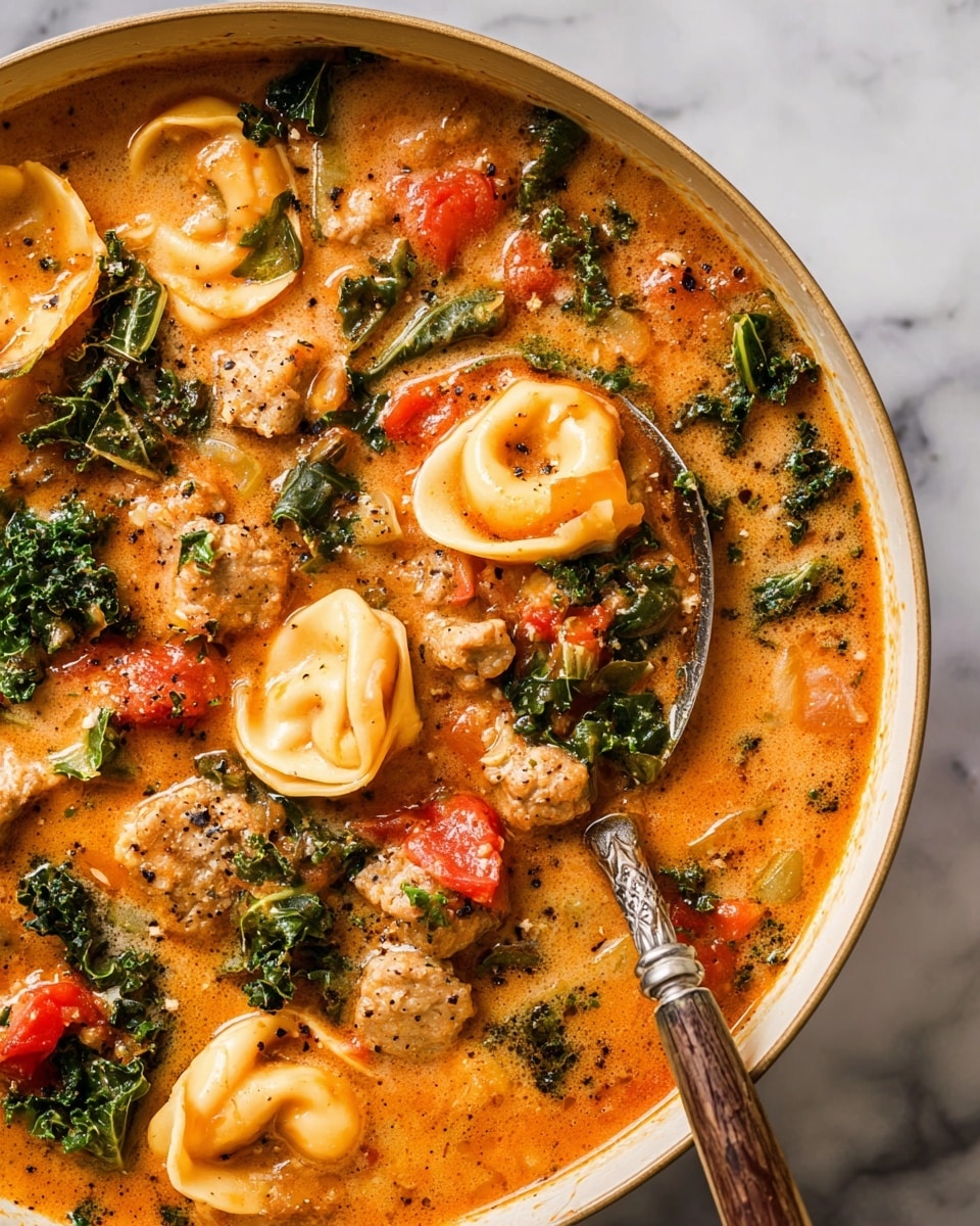 The image shows a rich soup with several layers: a creamy orange-brown broth with a slightly thick texture, speckled with black pepper; chunks of light brown cooked sausage scattered throughout; bright red tomato pieces adding a pop of color; deep green kale leaves that appear slightly wilted but fresh; and several light yellow tortellini with a soft, smooth texture floating on top and within the soup. A ladle filled with soup rests in the center, partially submerged, with a woman's hand holding its wooden handle, and the whole scene is set against a white marbled surface. photo taken with an iphone --ar 4:5 --v 7