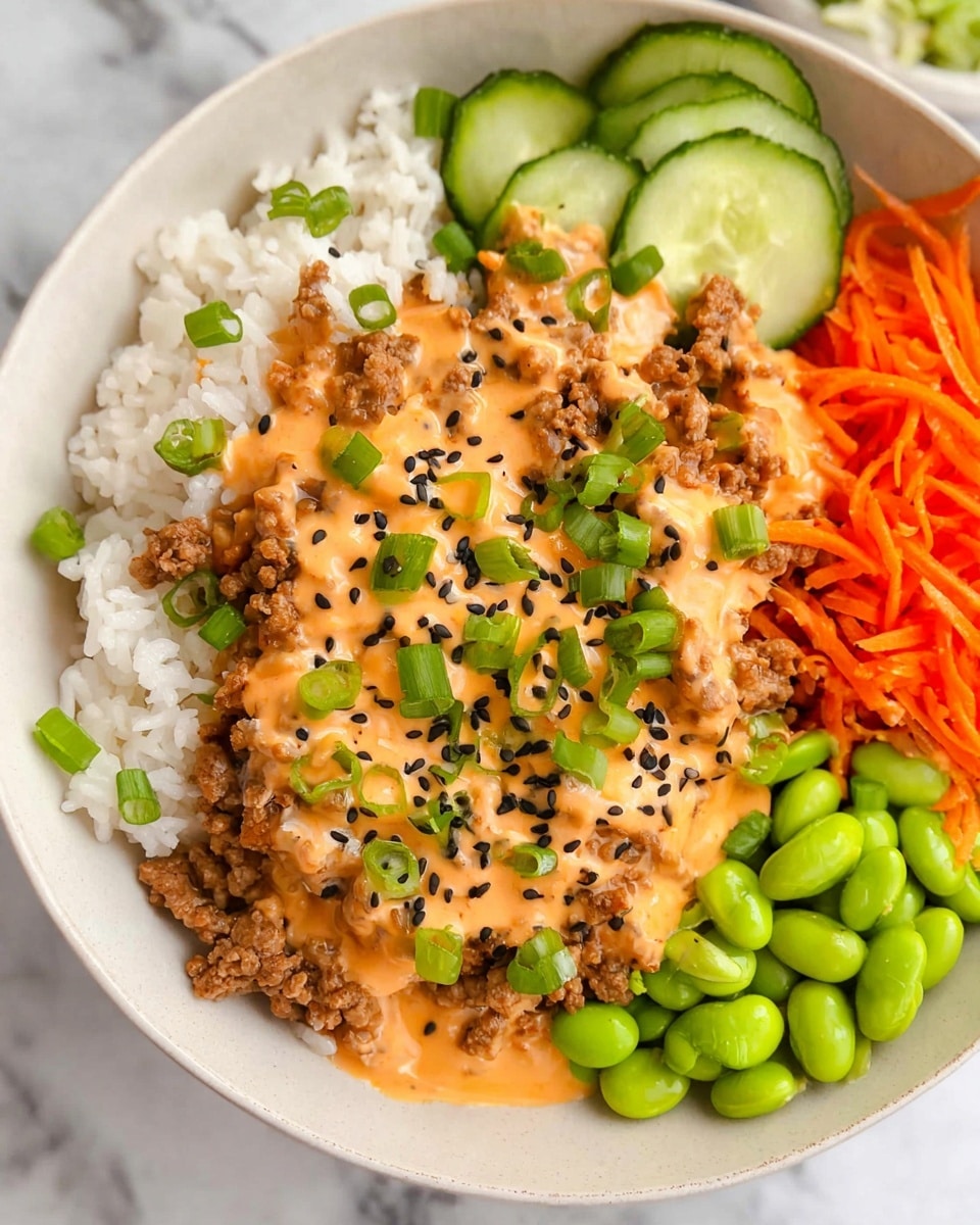A white plate on a white marbled surface holds a colorful dish with four main layers. The bottom layer is white rice sprinkled with black sesame seeds, positioned on one side of the plate. Next to it is a pile of light brown cooked ground meat covered with an orange creamy sauce, topped with chopped green onions and more black sesame seeds. Another layer shows bright green edamame beans placed beside the meat. Finally, some orange shredded carrots and sliced cucumber rounds finish the plate, adding vibrant colors to the dish. Photo taken with an iphone --ar 4:5 --v 7