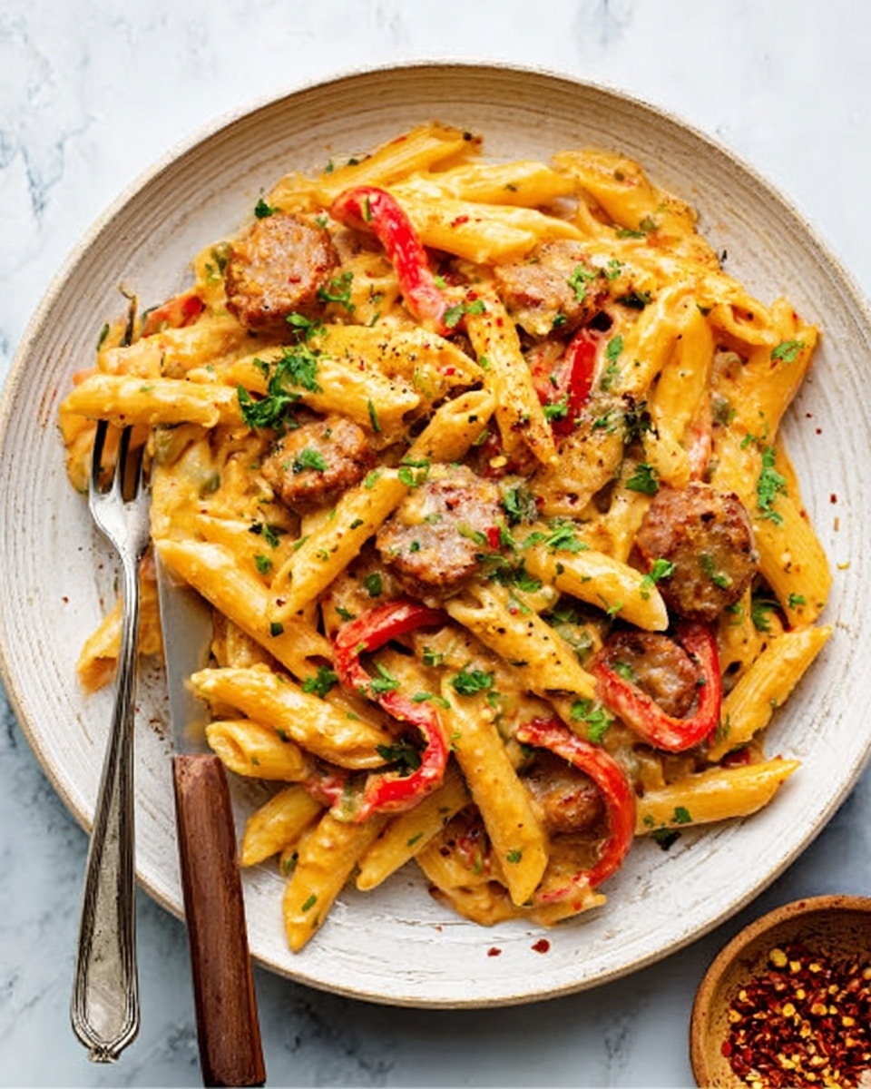 A white plate holds penne pasta mixed with pieces of browned sausage and thin slices of red bell pepper. The pasta is coated in a creamy orange sauce, with bits of green herbs sprinkled on top. The dish looks warm and saucy, with a fork and a knife placed on the left side of the plate. The background is a white marbled surface with a small bowl of crushed red pepper flakes visible at the bottom right. Photo taken with an iphone --ar 4:5 --v 7