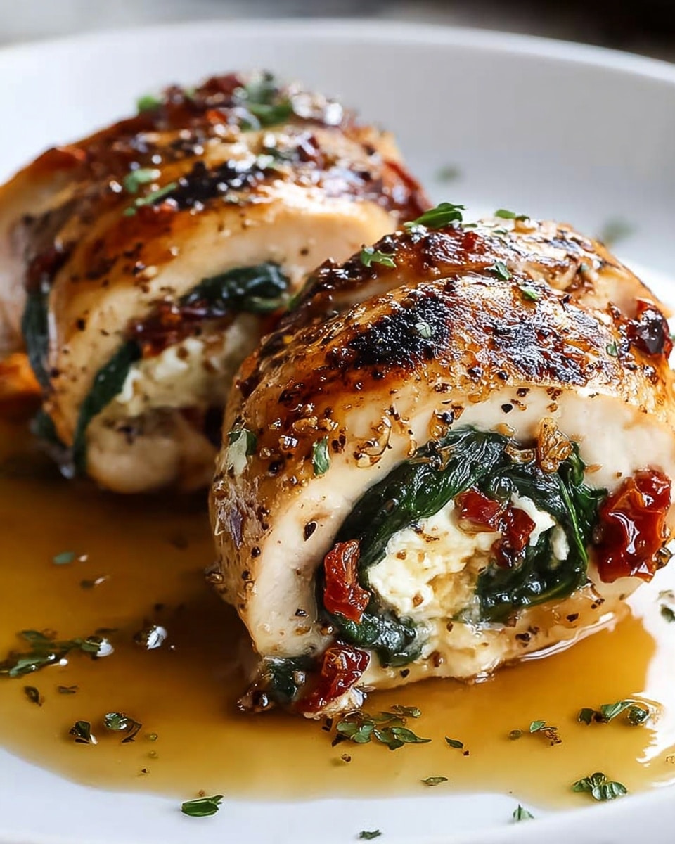 Two grilled chicken rolls sit on a white plate over a white marbled texture. Each roll is made of a golden-brown, slightly charred chicken breast wrapped around three visible layers: a soft white cheese, dark green spinach leaves, and bits of red sun-dried tomato, all sprinkled with black pepper and herbs. The chicken is glazed with a shiny, slightly oily sauce that pools around the rolls on the plate, enhancing their moist texture. Small chopped herbs are scattered on top and around the rolls, adding a touch of green contrast. photo taken with an iphone --ar 4:5 --v 7