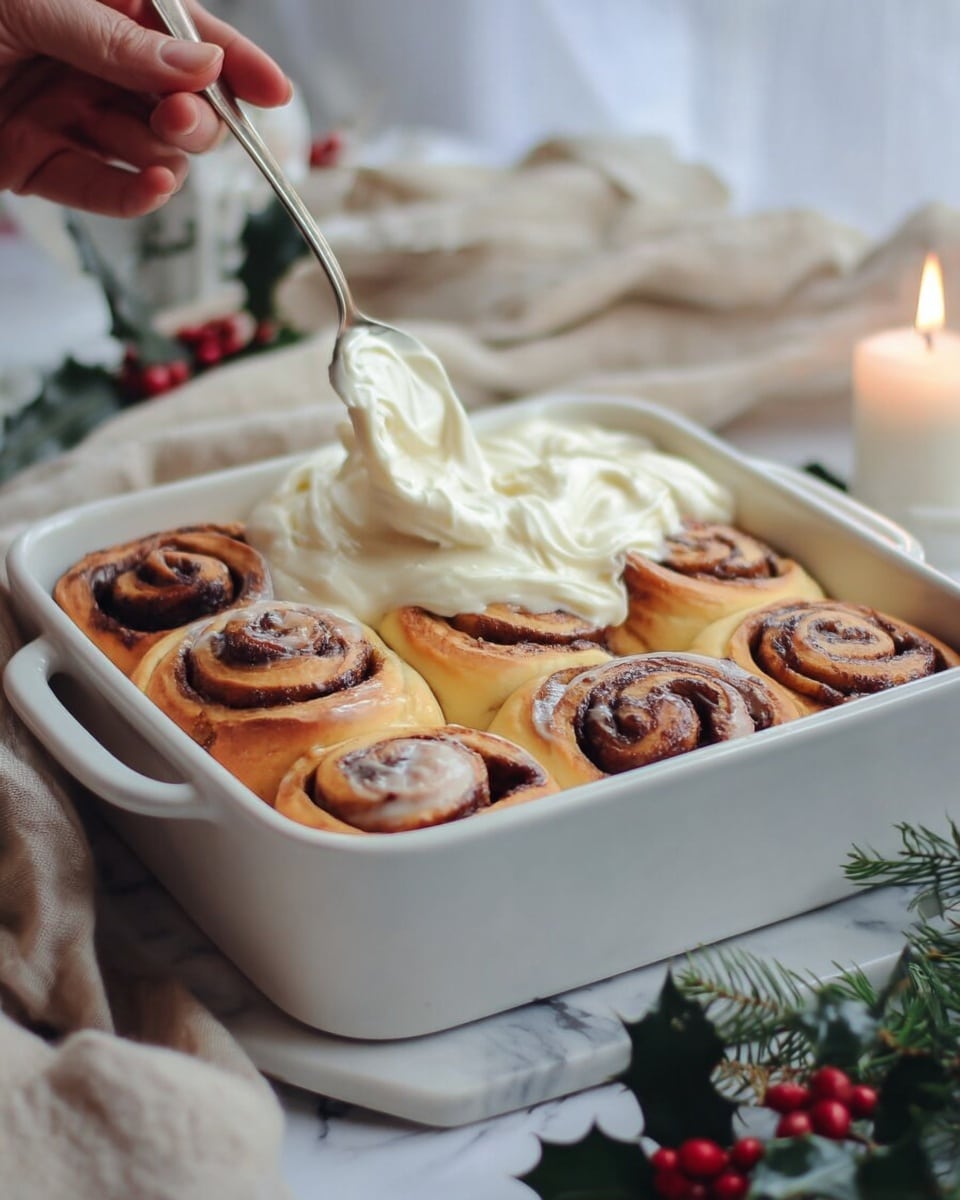 A white baking dish holds six golden-brown cinnamon rolls arranged in two rows of three. The cinnamon rolls have visible swirls of dark brown cinnamon filling. A woman's hand is spreading thick, creamy white frosting over the warm rolls with a silver spoon. A lit white candle and green pine leaves can be seen softly in the blurred background, with a sprig of holly with red berries near the dish. The setting is on a white marbled surface with a light beige cloth nearby. photo taken with an iphone --ar 4:5 --v 7