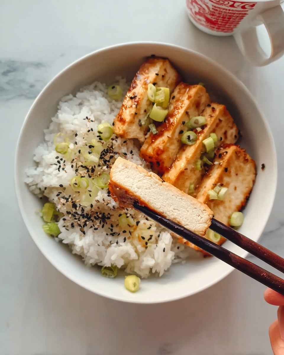 A white bowl contains two main layers: on the right side, a fluffy, white rice layer sprinkled with black sesame seeds, and on the left side, several slices of golden-brown cooked tofu garnished with small green onion pieces. A pair of dark wooden chopsticks held by a woman's hand lifts one slice of tofu close to the camera, showing its light beige, soft inside. The bowl sits on a white marbled surface, and there is a partially visible white cup with a red pattern in the background. photo taken with an iphone --ar 4:5 --v 7