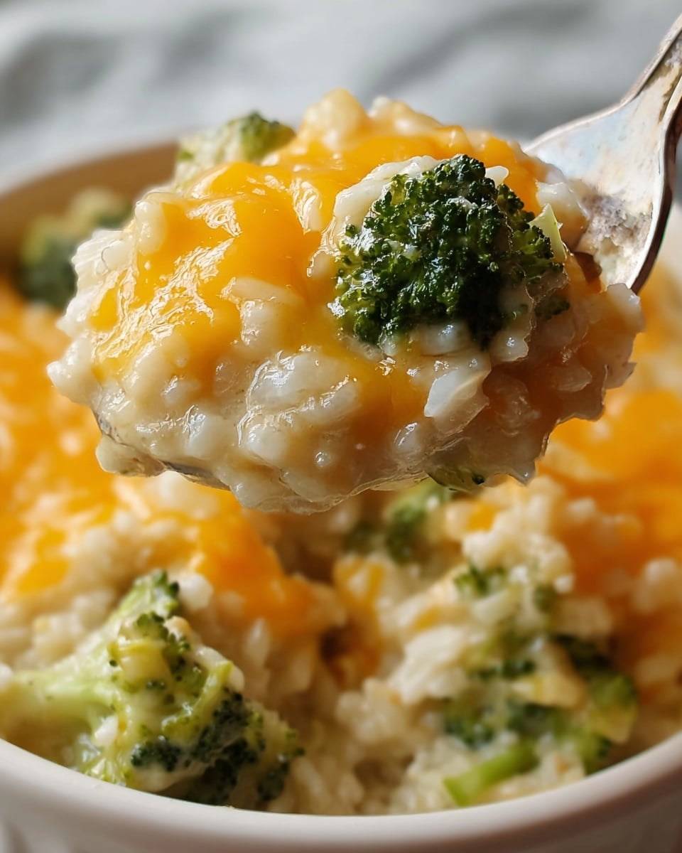 A close-up of a spoonful of a creamy dish showing three visible layers: the bottom layer is white rice with a soft, slightly sticky texture; the middle layer shows light green broccoli florets with a tender surface; the top layer is melted bright orange cheddar cheese that looks smooth and gooey, covering parts of the broccoli and rice. The background reveals more of the dish on a white bowl with a white marbled surface around it, and a woman's hand holding a fork is slightly visible. photo taken with an iphone --ar 4:5 --v 7