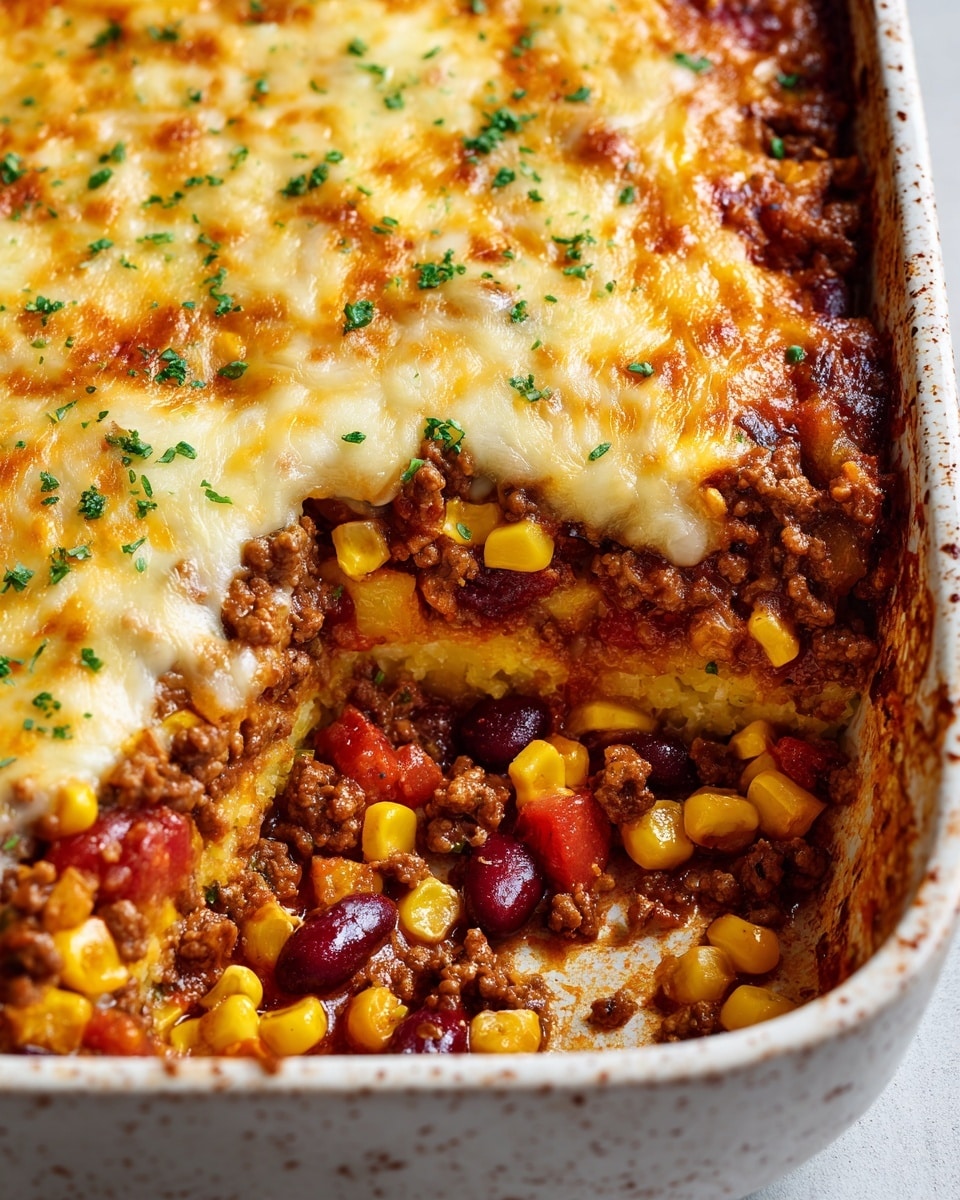 A close-up view of a baked dish with three main layers: the bottom layer is a mix of diced yellow potatoes, red kidney beans, yellow corn kernels, and visible chunks of tomato and onion, creating a colorful, hearty base. The middle layer is made of cooked ground beef scattered evenly throughout, adding a rich brown color with a crumbly texture. The top layer is melted cheese that is golden and white, covering parts of the dish with a smooth, gooey texture, sprinkled with small green herb pieces for a fresh contrast. The dish is in a white marbled textured baking container. Photo taken with an iphone --ar 4:5 --v 7