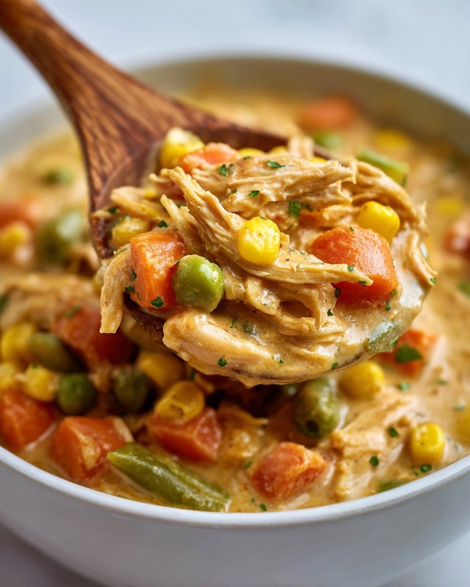 A close-up of thick chicken stew held by a wooden spoon inside a white bowl, showing shredded chicken layered with vibrant, chunky vegetables such as orange carrots, yellow corn, green peas, and green beans, all mixed in a creamy, beige sauce with a smooth texture and visible seasoning; the deep white bowl rests on a white marbled surface, and the background is softly blurred, emphasizing the rich, hearty mix in the spoon. Photo taken with an iphone --ar 4:5 --v 7