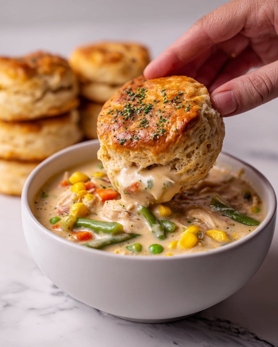 A woman's hand is holding a golden-brown biscuit that is being dipped into a bowl of thick creamy chicken and vegetable stew. The biscuit is flaky with a slightly crispy top, covered with a layer of creamy sauce sprinkled with green herbs. The stew inside the white bowl has visible pieces of shredded chicken, bright yellow corn, green peas, green beans, and chunks of orange carrot, all mixed in a rich, creamy sauce. In the background, more biscuits are stacked, resting on a white marbled surface. photo taken with an iphone --ar 4:5 --v 7