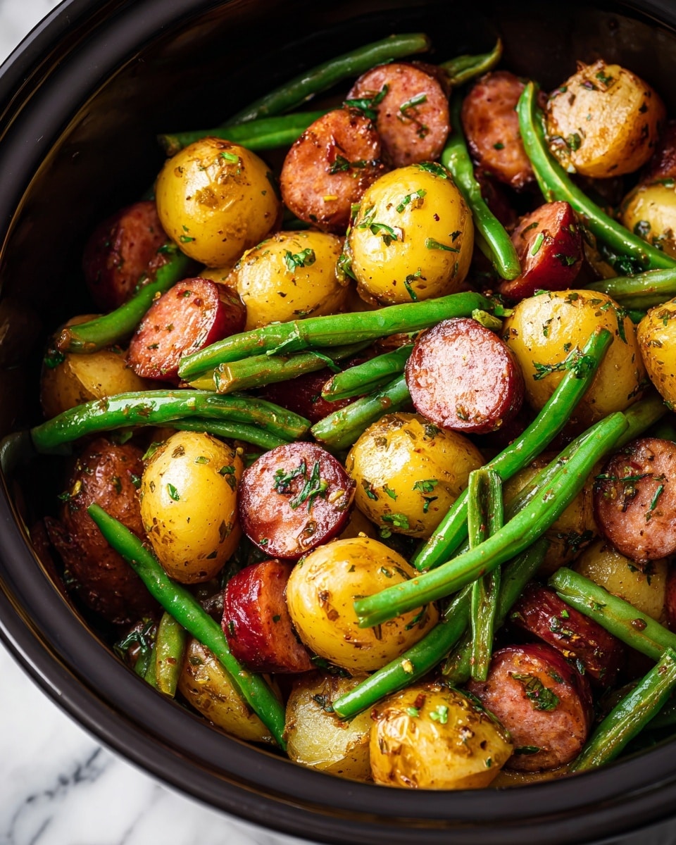 The dish is a mix of three main layers: round yellow baby potatoes, sliced reddish-brown sausage pieces, and slender bright green beans. The potatoes have a smooth, shiny surface with visible herbs sprinkled on top. The sausage slices show a slightly rough texture with a glistening oil coating mixed with the herbs. The green beans are long, slender, and crisp-looking, scattered in between and on top of the other ingredients. The entire dish looks coated in a flavorful sauce with small bits of herbs evenly dispersed, all inside a black pot. The background is a white marbled texture. photo taken with an iphone --ar 4:5 --v 7