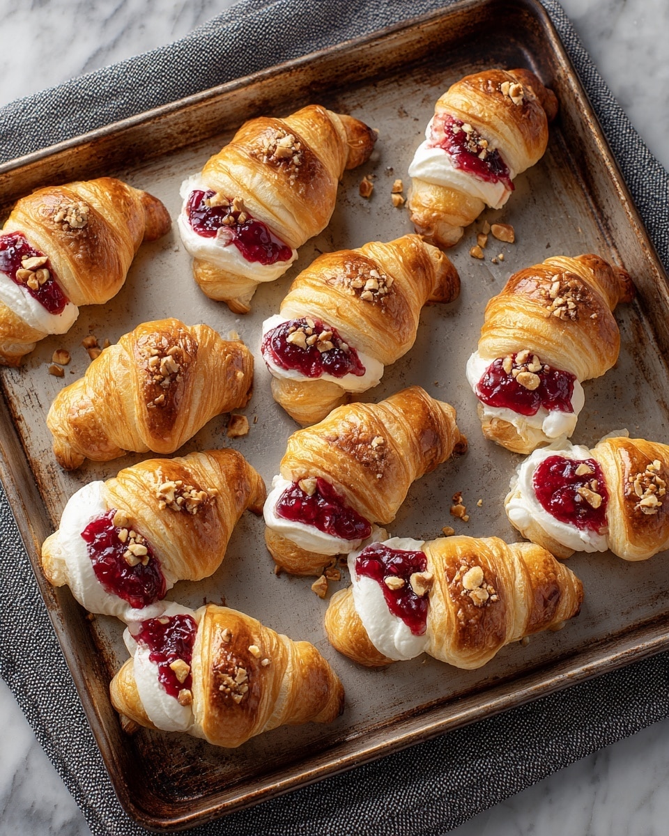 The image shows a baking tray with ten small crescent-shaped pastries arranged in three rows. Each pastry has three visible layers: the outer layer is golden-brown and flaky with a slightly shiny texture; inside there is a thick white creamy layer visible through a split in the dough; on top of the cream is a bright red berry jam layer that looks chunky and glossy. Small chopped nuts are sprinkled over the jam on each pastry. The tray is resting on a gray textured cloth on a white marbled surface. Photo taken with an iphone --ar 4:5 --v 7
