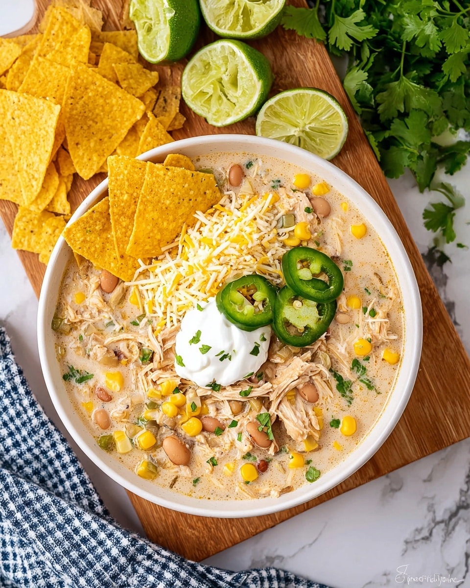 A white bowl filled with creamy chicken chili sitting on a wooden board atop a white marbled surface. The chili has multiple visible layers including shredded chicken, yellow corn kernels, light brown beans, and green herbs mixed into the creamy light beige broth. On top, there is a mound of white shredded cheese with a dollop of white sour cream in the center. Several green jalapeño slices and two lime wedges rest on the chili near the edge of the bowl. Five yellow tortilla chips are arranged on the left side inside the bowl, with a few chips and some shredded cheese placed around the bowl. In the background, there are halved limes and fresh green cilantro leaves on the corner of the wooden board, with a blue and white checkered cloth partially visible near the bottom right. Photo taken with an iphone --ar 4:5 --v 7