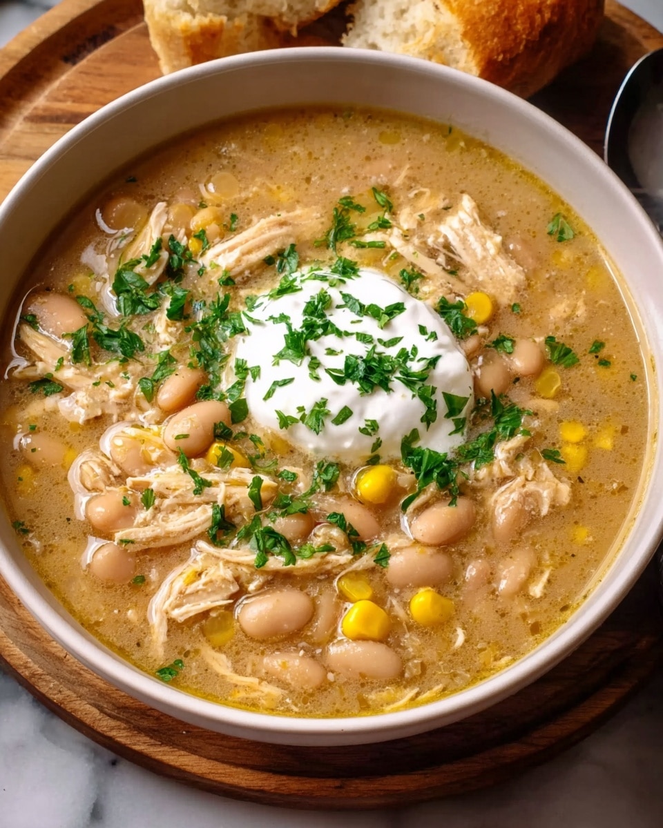 A white bowl filled with a creamy light brown soup containing whole beige beans, shredded pieces of chicken, and small bits of yellow corn, all mixed in a smooth broth. On top of the soup, there is a dollop of white sour cream in the center, surrounded by sprinkled fresh green chopped herbs. The bowl sits on a wooden round board with a metal spoon on the side, and some pieces of bread are partially visible in the background on a white marbled surface. photo taken with an iphone --ar 4:5 --v 7