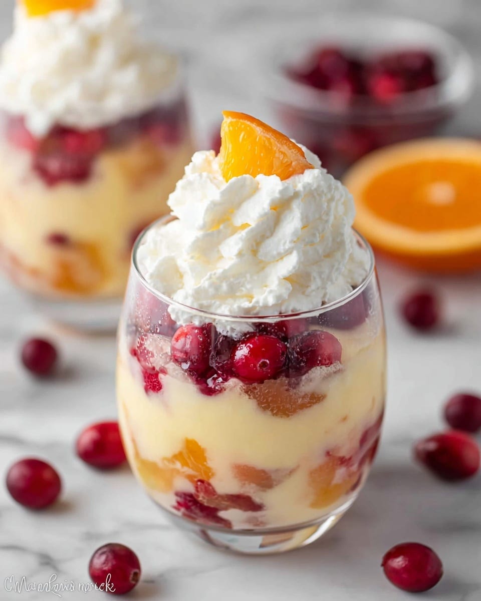The dessert is served in a clear round glass with three visible layers; the bottom layer has light yellow creamy pudding mixed with bright red cranberries and orange chunks, the middle layer shows more creamy yellow pudding with bits of orange and red fruit, and the top layer features a thick swirl of white whipped cream topped with a small orange piece and a single cranberry. Around the glass, there are whole cranberries scattered on a white marbled surface, and a blurred glass of the same dessert sits in the background. photo taken with an iphone --ar 4:5 --v 7