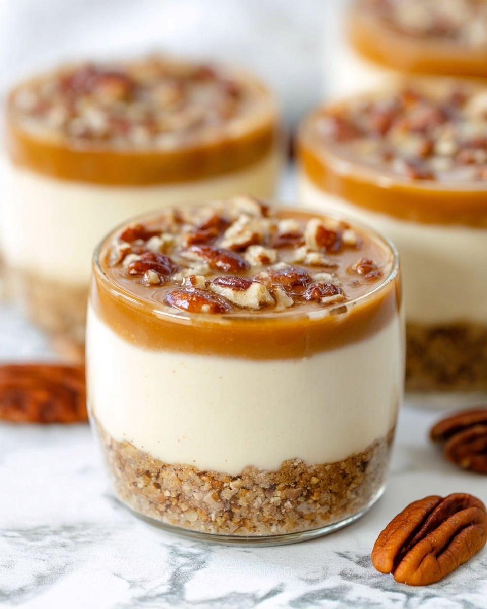 A close-up view of a glass dessert with three distinct layers sitting on a white marbled surface. The bottom layer is a crumbly light brown crust resembling crushed nuts or graham cracker. The middle layer is thick and creamy off-white, smooth and well-set. The top layer is a light caramel-colored sauce mixed with small pieces of pecans, slightly glossy, evenly spread over the top. In the background, there are three similar desserts blurred, while a few whole pecans rest on the surface near the glass. Photo taken with an iphone --ar 4:5 --v 7